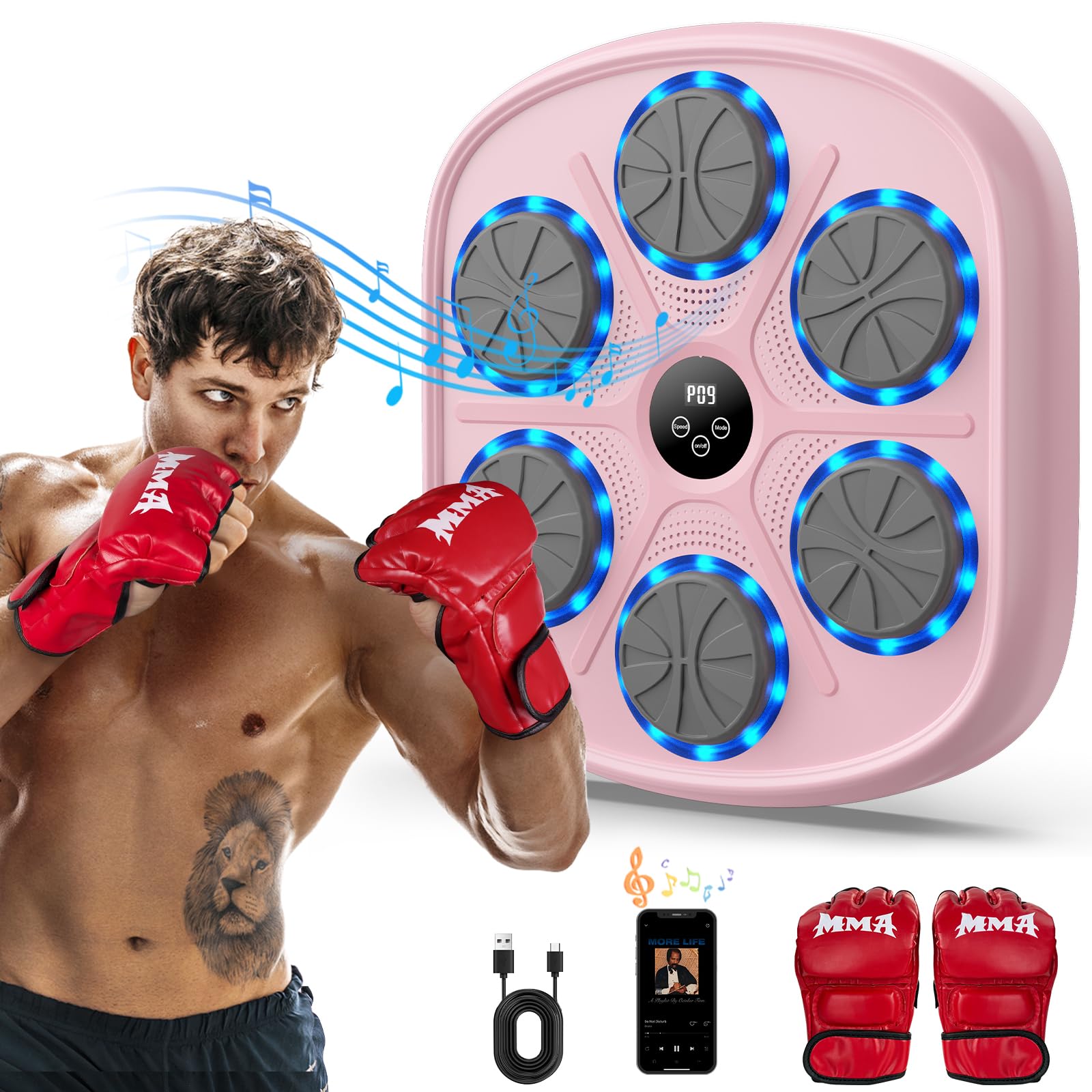2025 Bluetooth Boxing Machine with 6.5ft Charging Cable & 2 Gloves - Wall Mounted Music Punching Bag, Adjustable Hitting Sound & Volume, Durable PU Material - Home Fitness Equipment for Weight Loss & Stress Relief (Perfect for Small Spaces, Home Gyms & Cardio Workouts)