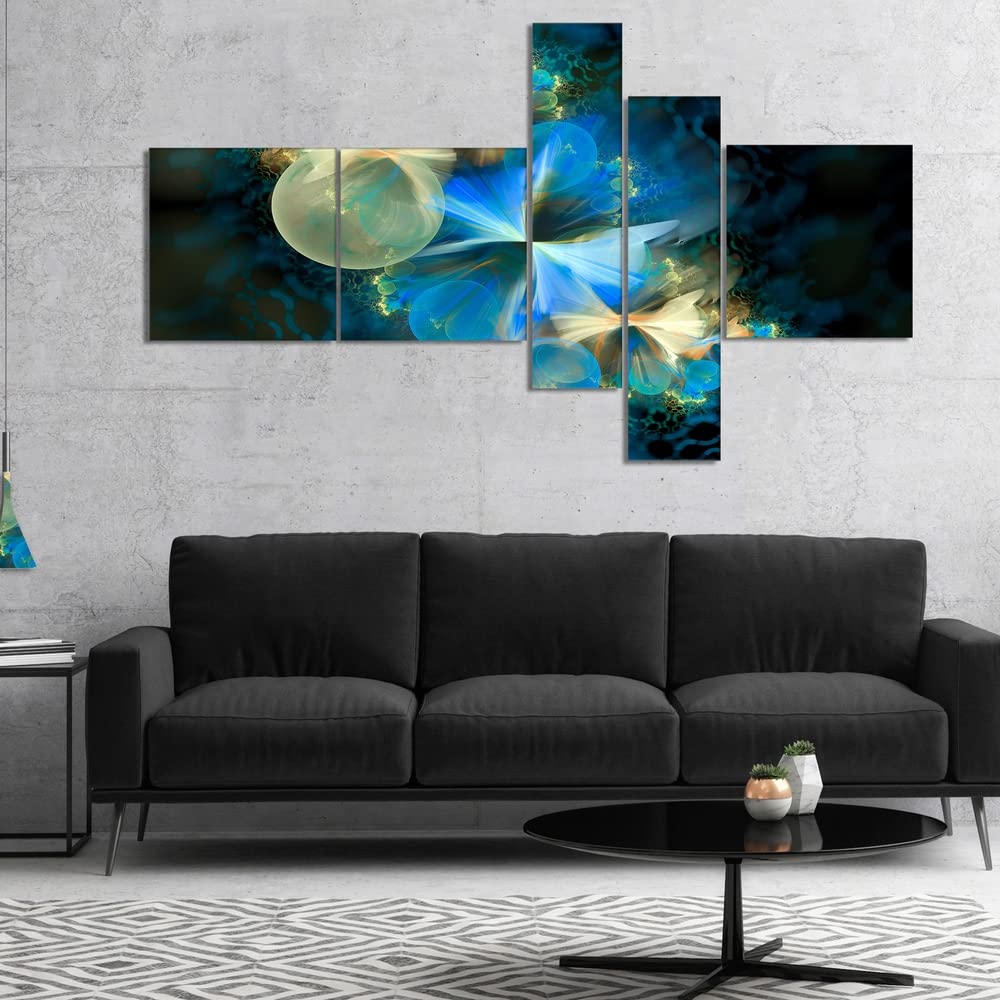DESIGN ART Designart 'Fractal 3D Blue Bubbles' Abstract Canvas Wall Art Print - 60x32 Inches Wide Large Modern Painting - 5 Panel Split Canvas for Living Room, Bedroom & Office Decor