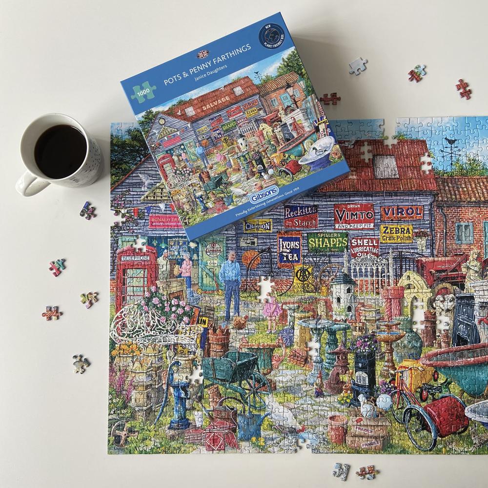 Gibsons 1000-Piece Jigsaw Puzzle - Pots & Penny Farthings by Janice Daughters | Vintage Bicycle & Flowerpot Art | Perfect for Family Game Night & Puzzle Enthusiasts