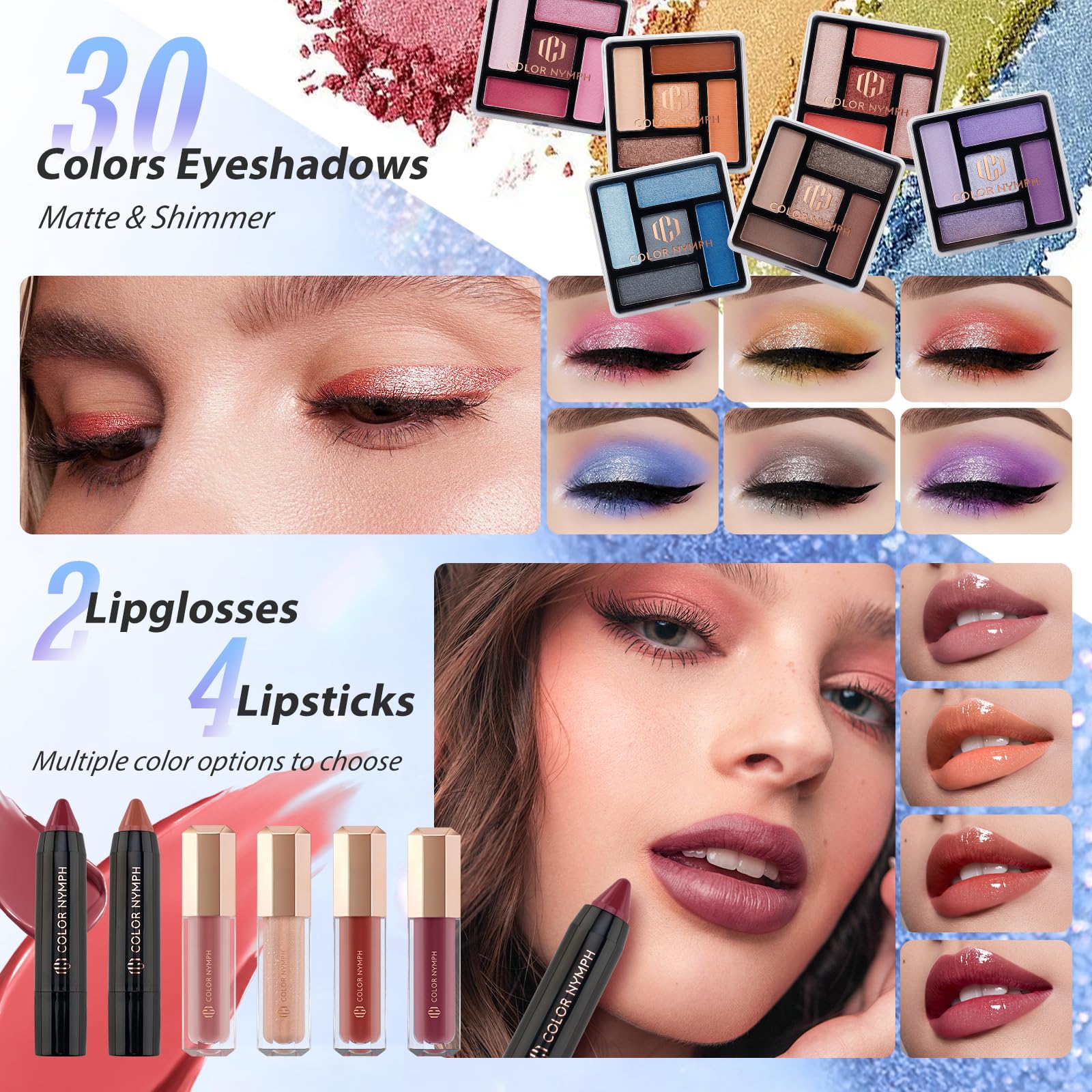 Professional Color Nymph Makeup Kit with Travel Case - Complete Cosmetic Set for Teens & Beginners (Eyeshadow, Lipstick, Blush, Lip Gloss, Mascara + Tools) - Dreamy Silver - Perfect for Everyday Makeup, Parties & Travel