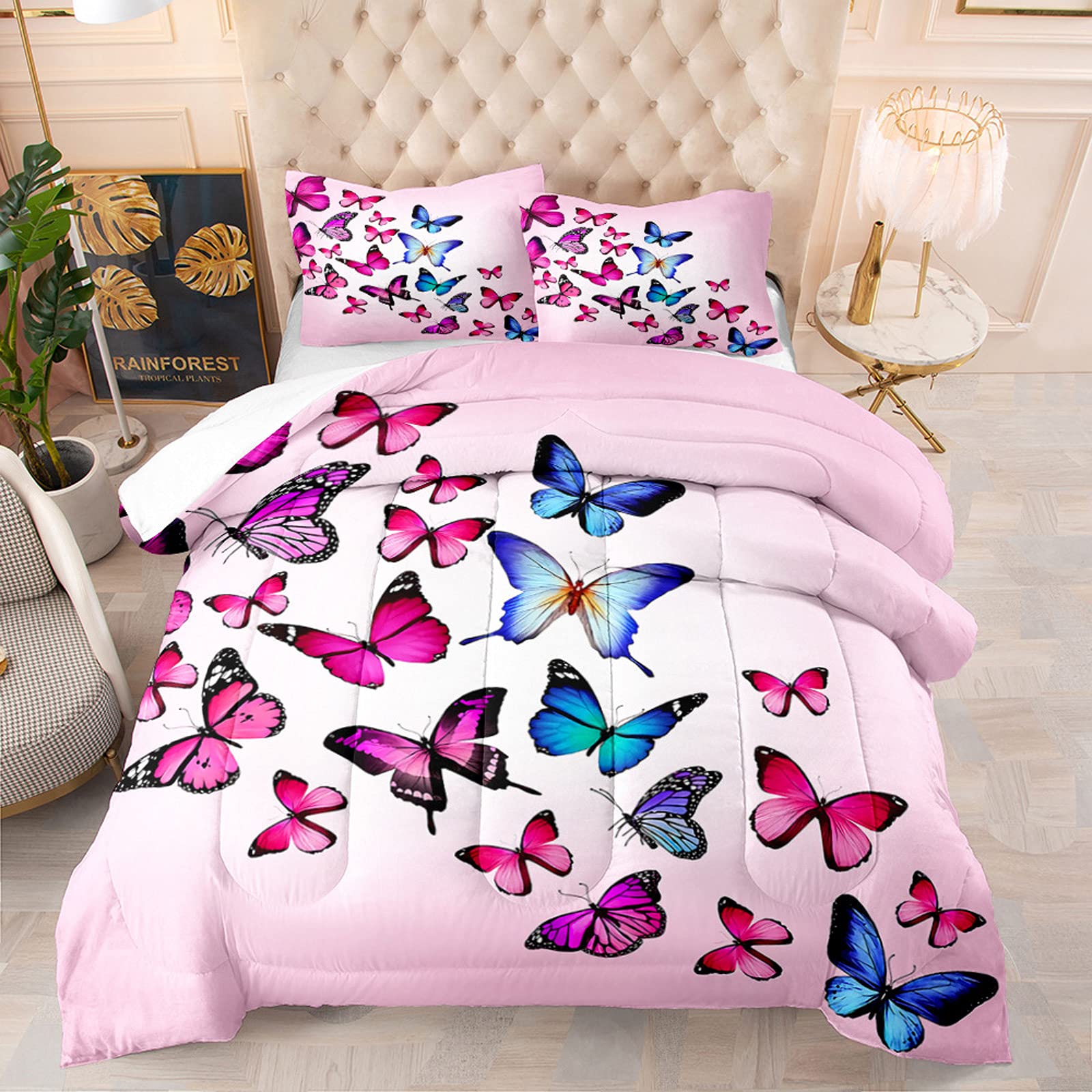 Butterfly Comforter Set King Size - Pink Floral Bedding with 2 Pillow Shams | Soft Quilted Bedspread for Girls Room & Teen Bedroom Decor | Perfect for Spring & Summer Bedroom Makeover