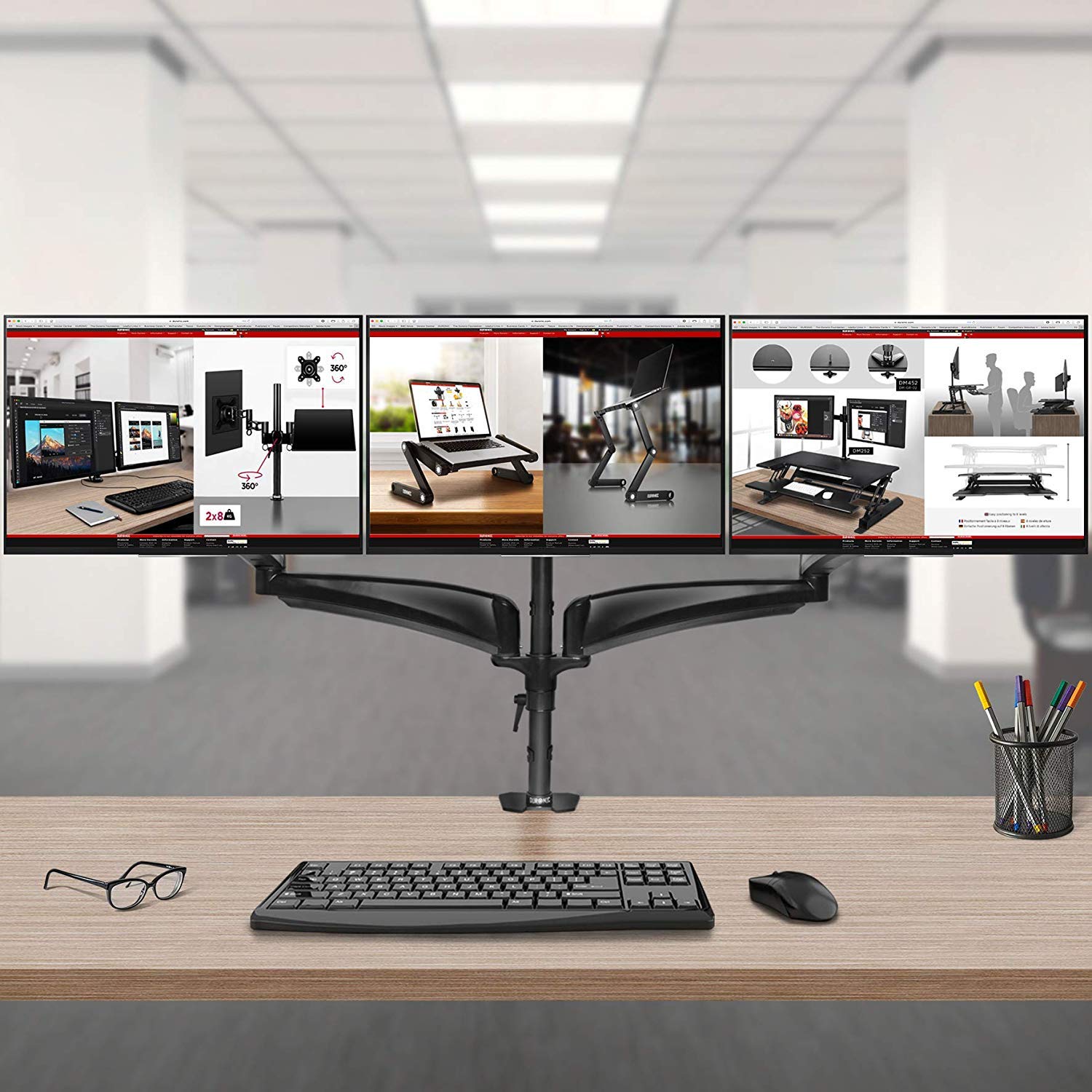 Duronic DM453VX1 Quad Monitor Arm Stand - Heavy Duty Steel Desk Mount for 4 Screens (15-27 inch), Height Adjustable with 360° Rotation & 90° Tilt, VESA 75/100 Compatible (6kg/Screen) - Perfect for Multi-Screen Workstations, Gaming Setups & Office Ergonomics