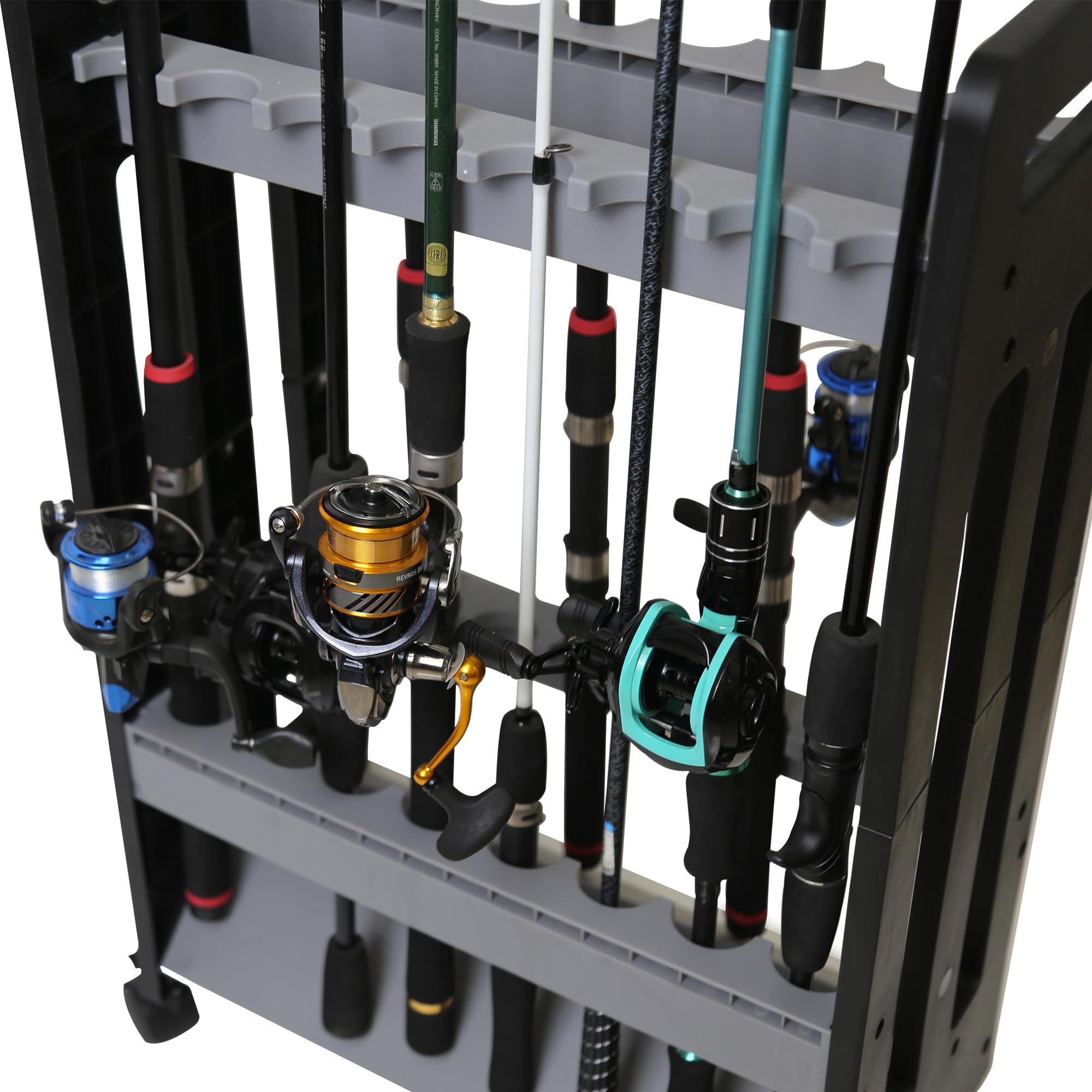JOYWAVE 16-Slot Fishing Rod Holder with Wheels - Portable Plastic Fishing Pole Storage Rack for Garage, Boat & Outdoor Use - Ideal for Organizing Fishing Gear at Home or On-The-Go