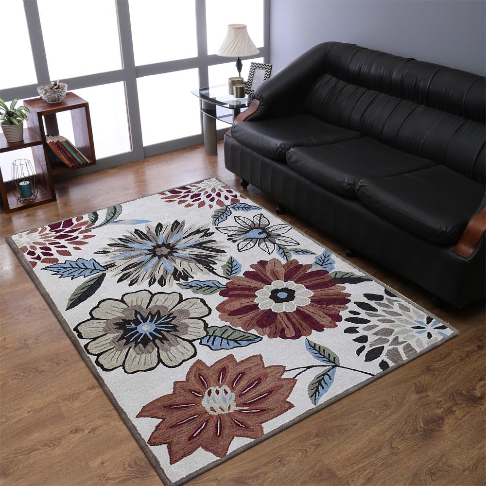 Hand Tufted Wool Eco-Friendly Area Rugs 4x6 Feet - Modern Floral Design Cream Rectangle Non-Slip Living Room Rug, Thick High Pile Handmade Carpet for Bedroom, Nursery & Home Decor (K03066) | Soft & Durable Floor Covering for Cozy Spaces