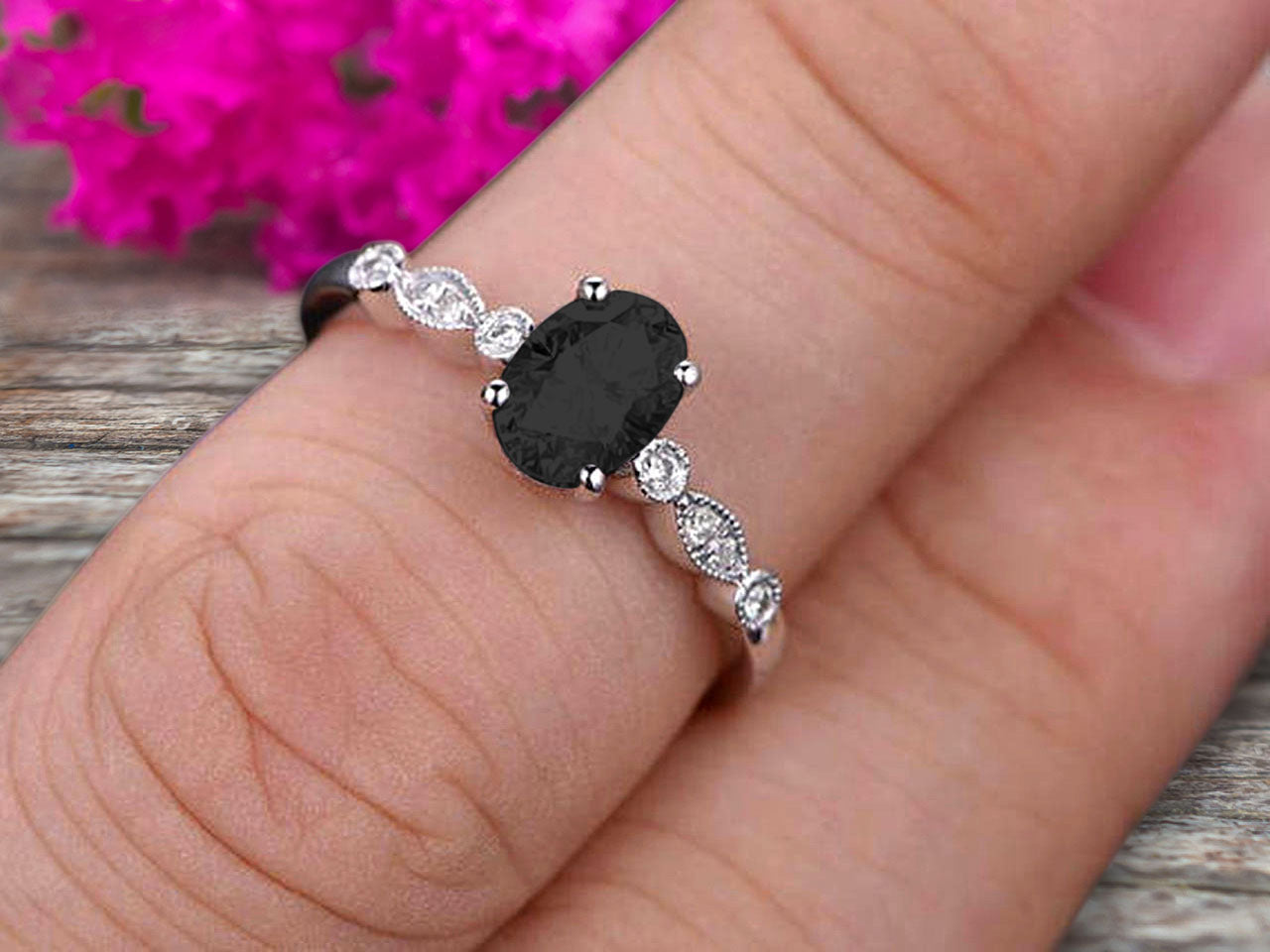 1.25 Carat Oval Black Diamond Moissanite Engagement Ring in 10k White Gold - Art Deco Vintage Style for Wedding, Proposal & Anniversary Gifts