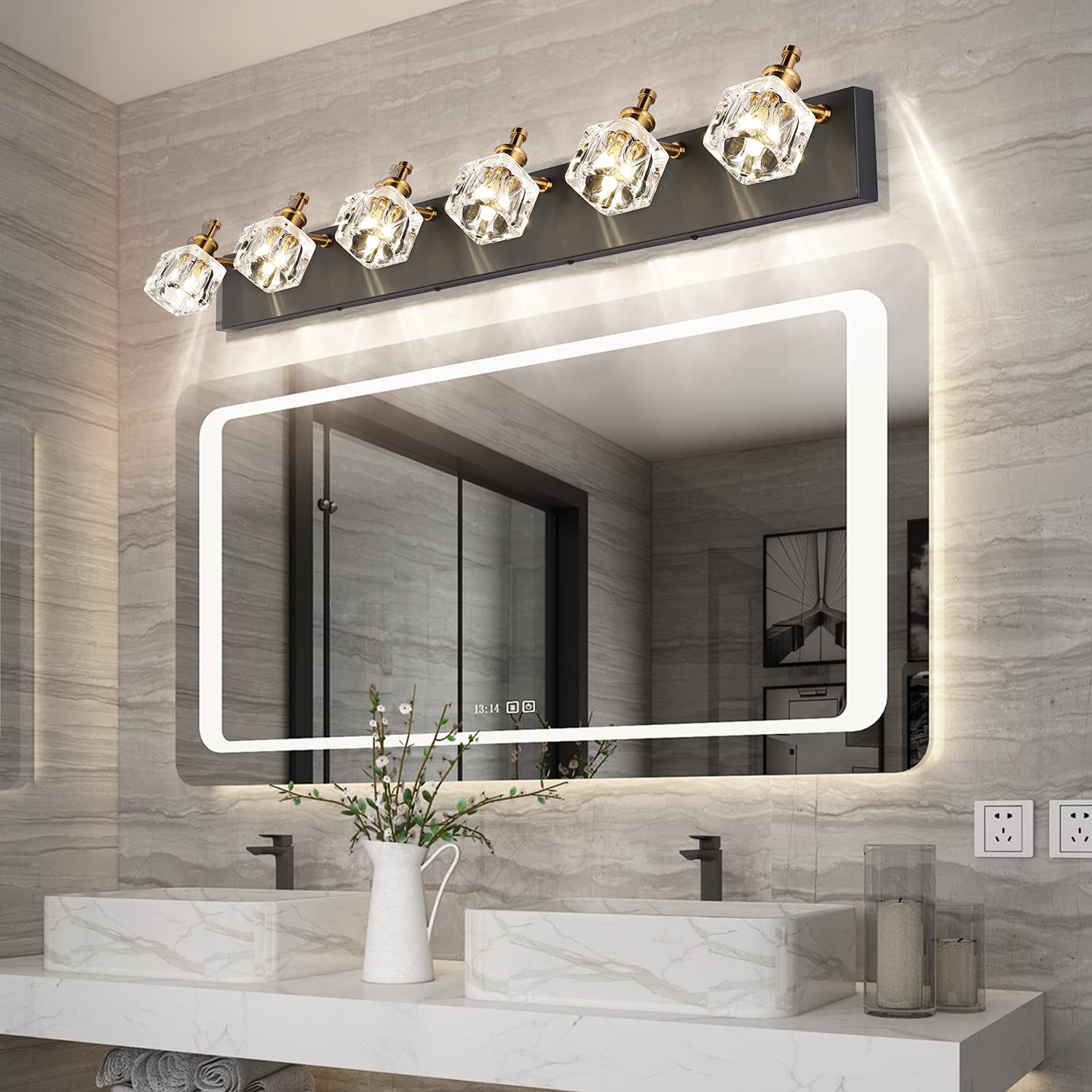 Modern Crystal Bathroom Vanity Lights - 6-Light Black Mirror Lighting Fixture for Bathroom & Dressing Room (Bulbs Not Included) | Elegant Illumination for Makeup, Grooming & Home Decor