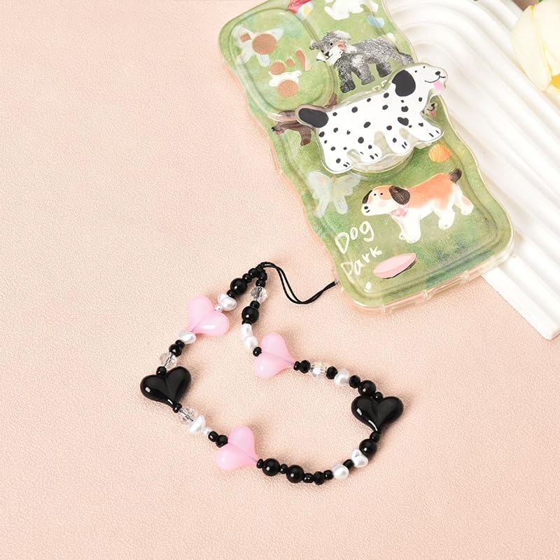 Y2K Phone Charms for Women - Black Pink Heart Beaded Phone Strap for Phone Case, Anti-Lost Wristlet for Girls