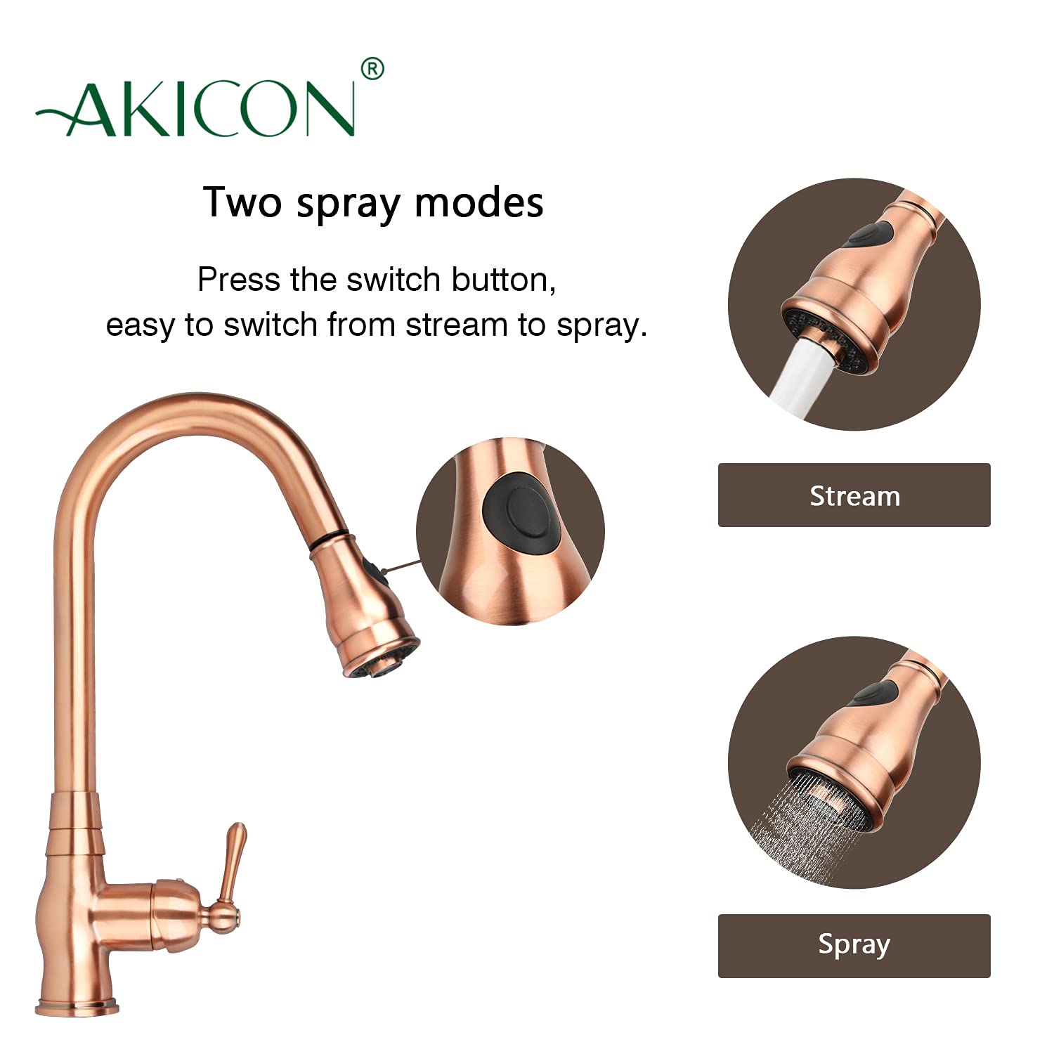 Akicon Copper Single-Hole Pull-Down Sprayer Kitchen Faucet - Single Handle Brushed Nickel Sink Faucet with High Arc Spout for Modern Kitchen & Bathroom Renovation