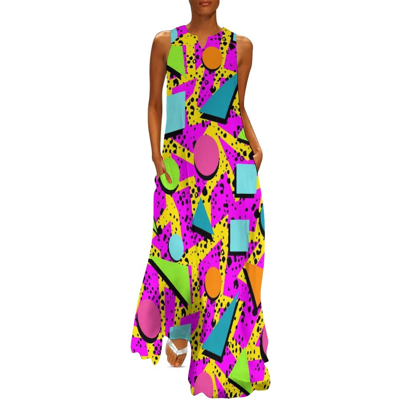 Vintage 80s Memphis Style Summer Dresses for Women - Casual Sleeveless Long Maxi Dress | Perfect for Beach Vacations, Music Festivals & Summer Parties