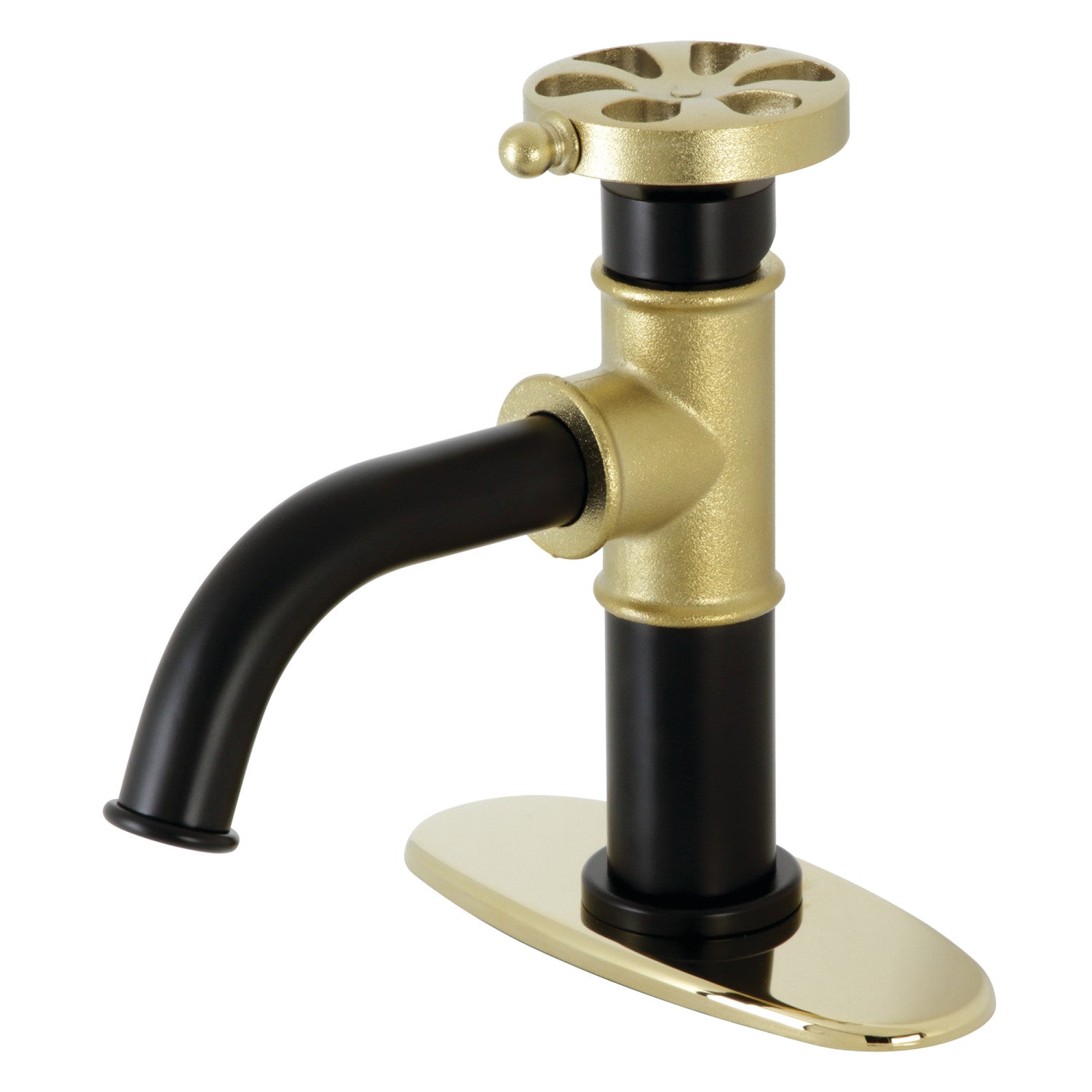 Belknap KSD2822RX Single Handle 1 Hole Bathroom Sink Faucet with Deck Plate & Push Pop-Up Drain - Matte Black/Polished Brass Finish - Perfect for Modern Bathrooms & Powder Rooms