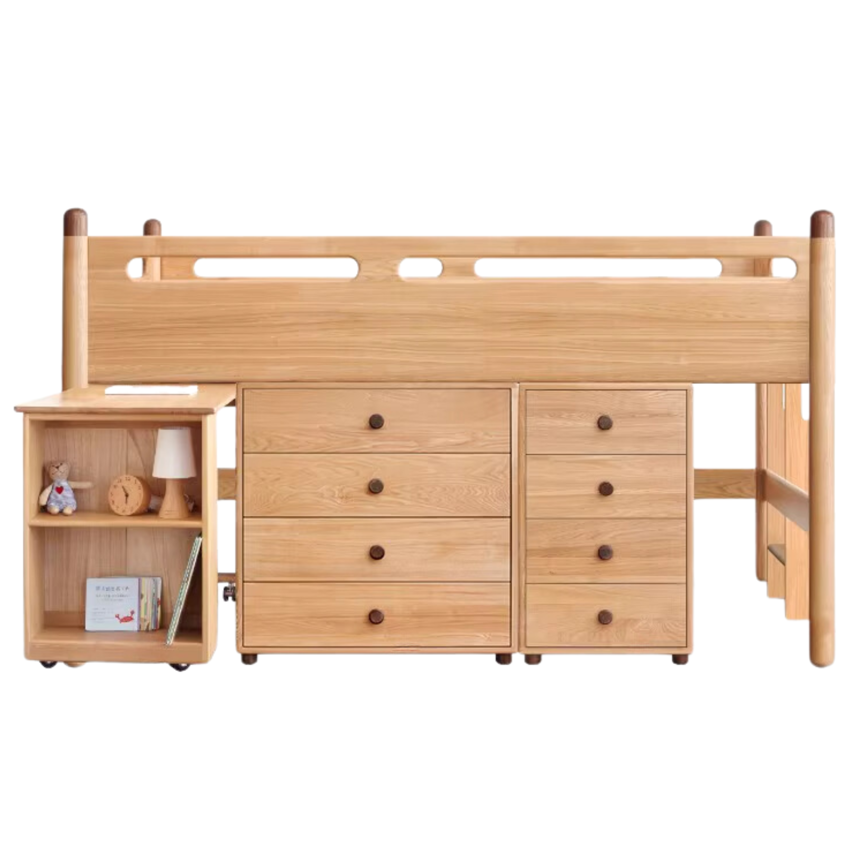 Solid Oak Wood Mid-High Bed with Slanted Ladder - Sturdy Adult Loft Bed for Small Spaces, Dorm Rooms & Modern Apartments