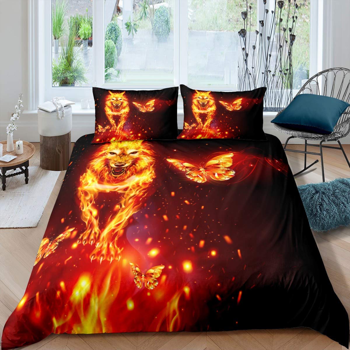 Red Fire Wolf Butterfly Bedding Set for Kids & Teens - Black Background Queen Size Duvet Cover (No Comforter) + 2 Pillowcases - Soft Polyester - Perfect for Boys/Girls Bedroom, Sleepovers & Themed Decor