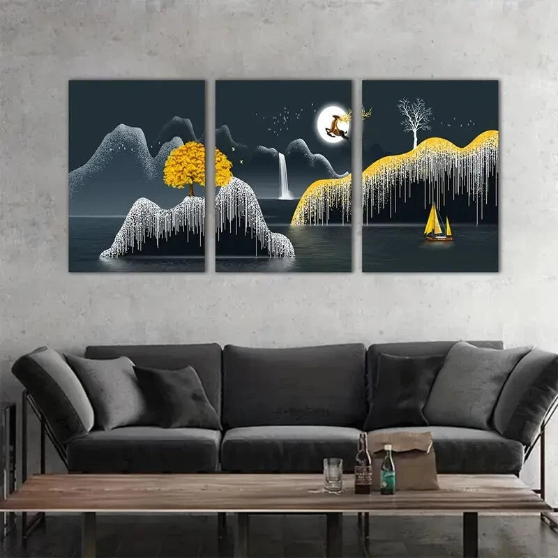 3-Piece Elk Jumping in Moonlight Landscape Metal Wall Art Prints - Ready to Hang Home Decor for Living Room, Bedroom & Office