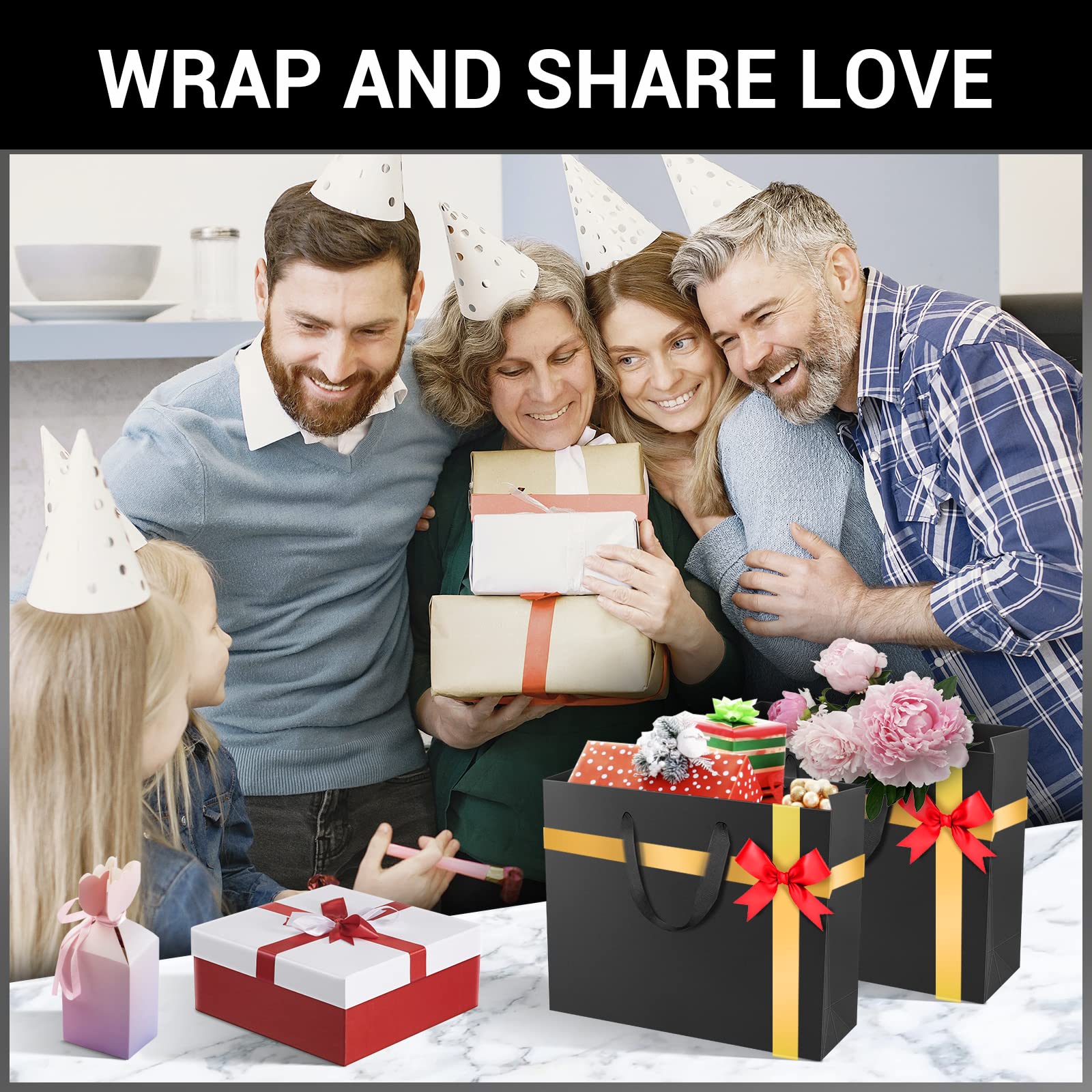 EUSOAR 25 Pack Small Black Gift Bags with Handles 8.6x3.9x7 Inches - Heavy Duty Paper Bags for Business, Retail, Grocery, Wedding Favors, Baby Showers, Birthday Parties | Perfect for Gift Wrapping, Party Favors, Boutique Packaging & Special Occasions