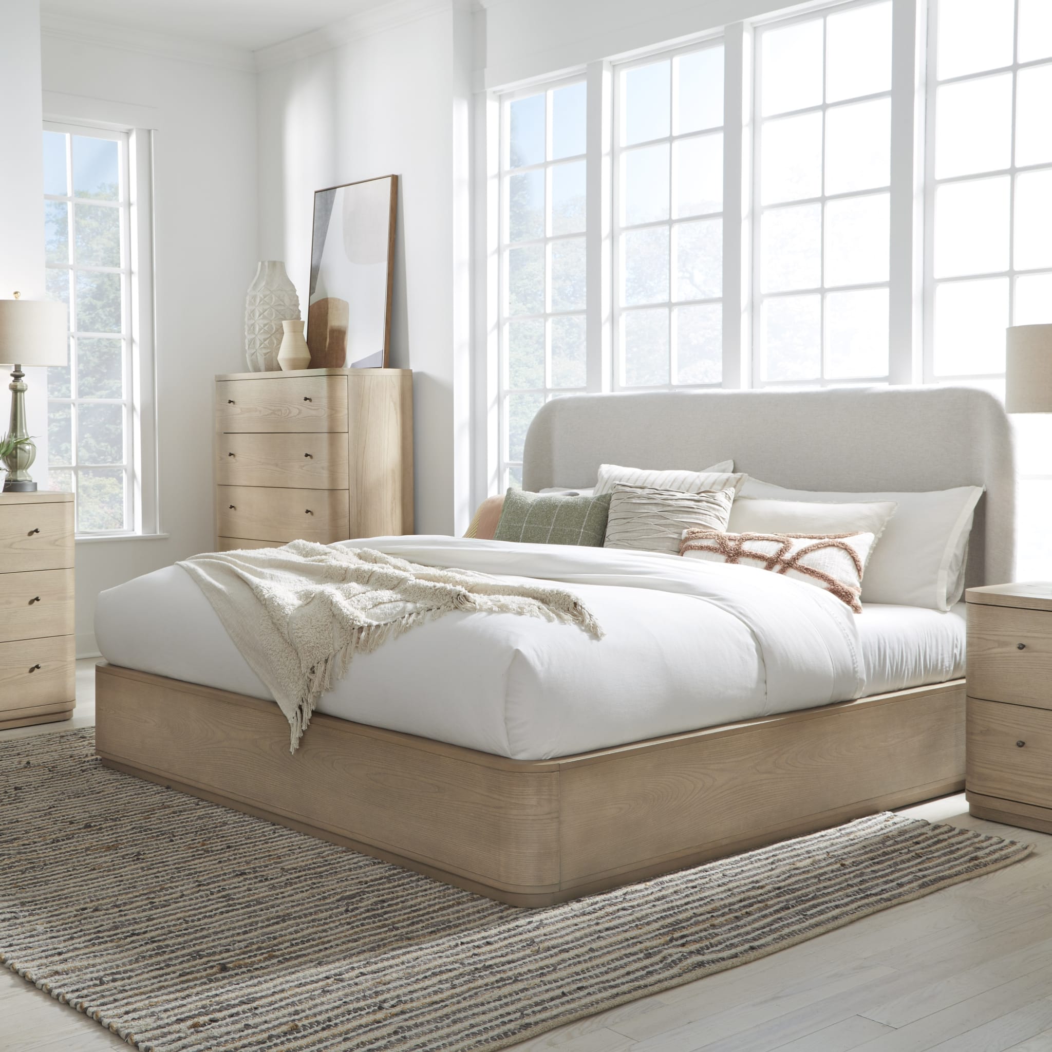 Penny Upholstered Platform Bed Frame - Buff Cream Ash & Oatmeal Linen Fabric - Modern Bedroom Furniture for Master Bedroom or Guest Room