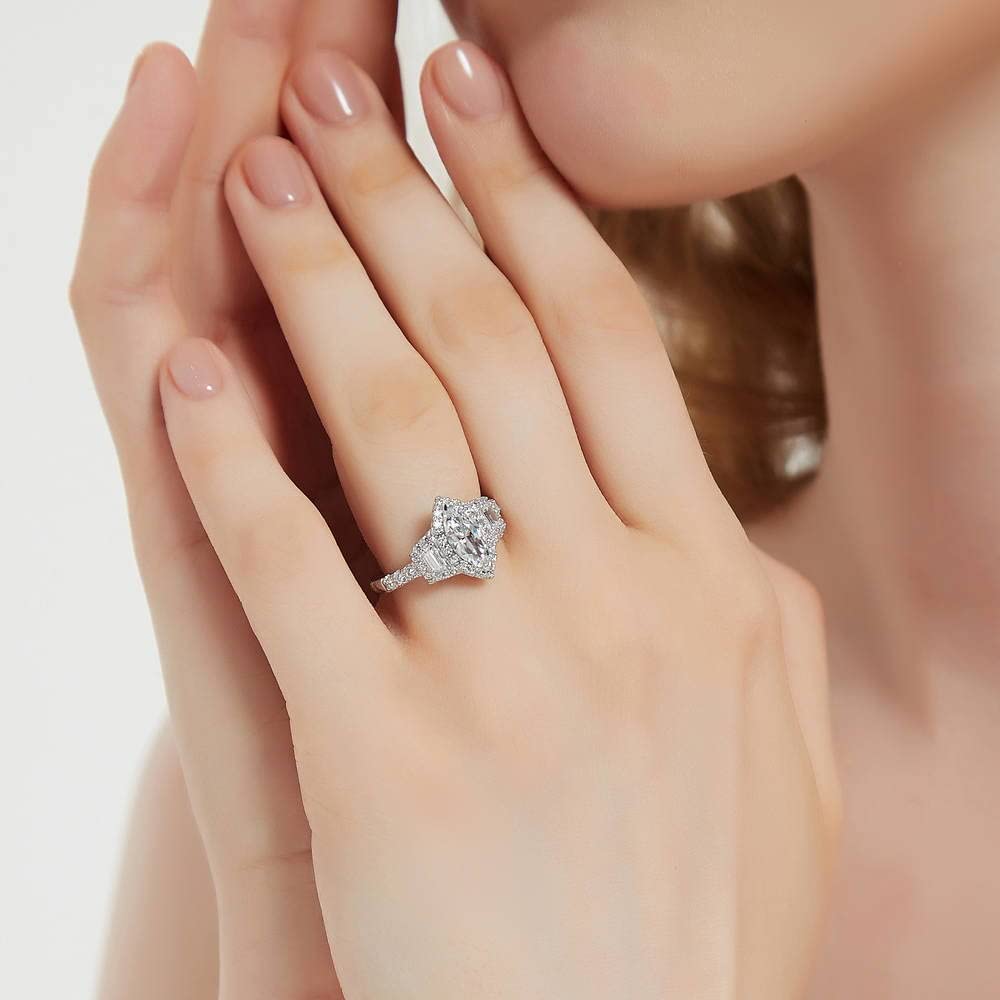 BERRICLE Sterling Silver 3-Stone Wedding Engagement Ring - 1 Carat Marquise Cut Cubic Zirconia CZ Halo Ring for Women - Rhodium Plated Size 4-10 - Perfect for Proposals, Anniversaries & Special Occasions