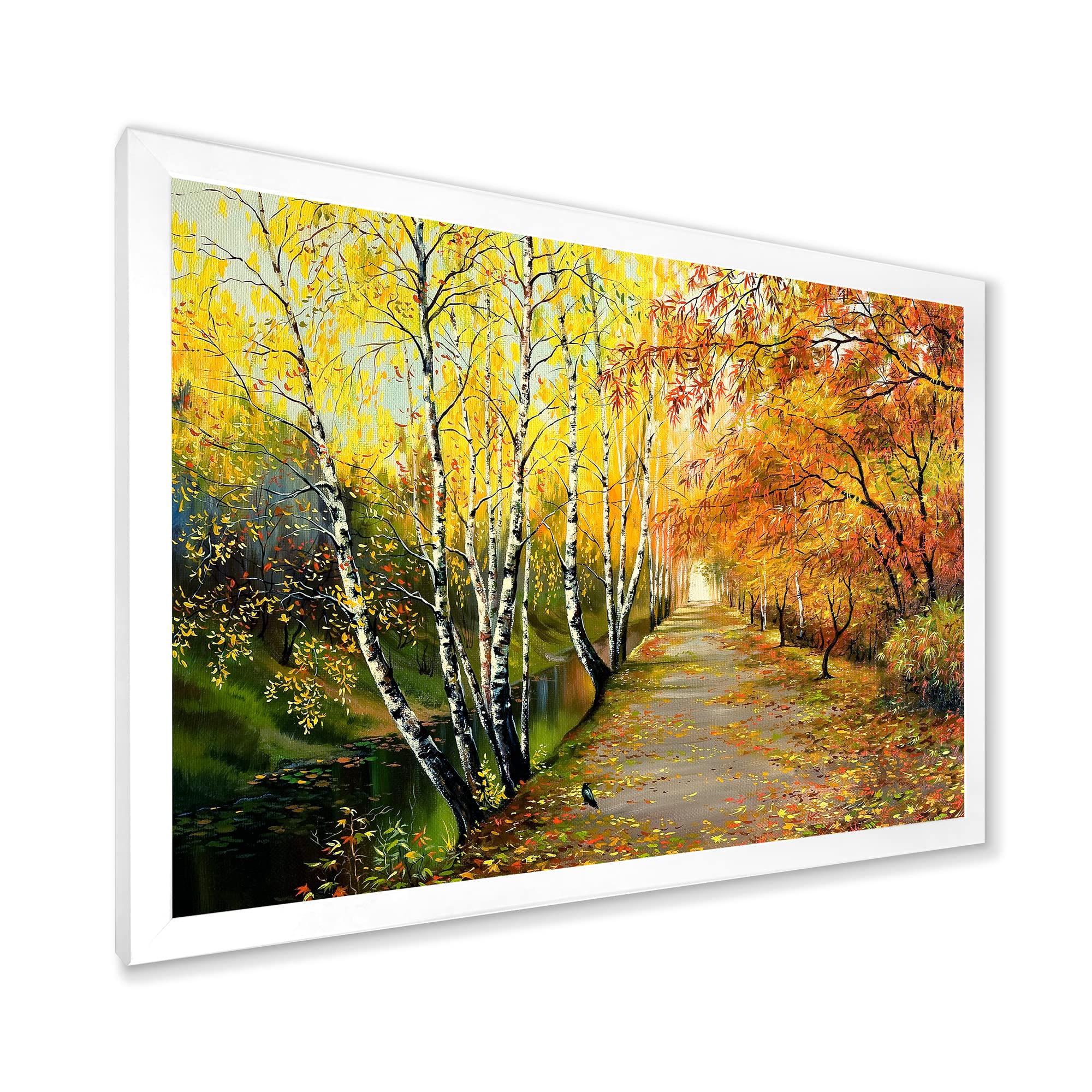 DesignQ Autumn Woods River Traditional Framed Wall Art - Nature Landscape Painting for Living Room, Bedroom & Office Decor