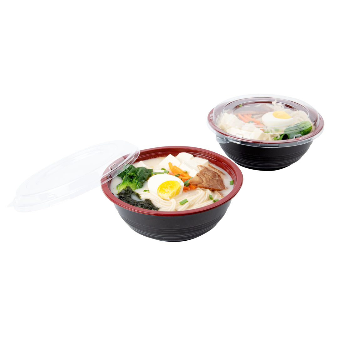 34oz Large Asian Panda Bowl with Clear Lid - Round Black & Red Plastic Microwave-Safe Food Storage Container (7.25