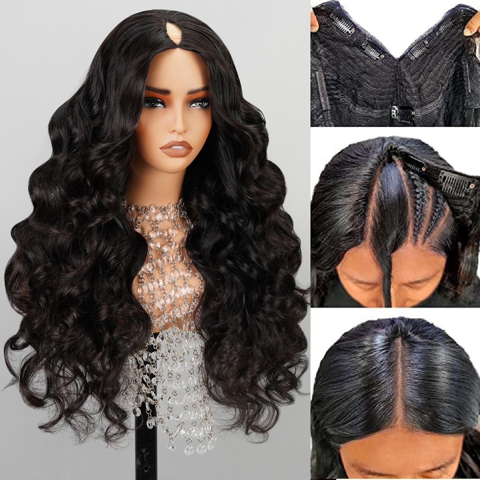 MEGALOOK V Part Human Hair Wig - Body Wave Glueless Clip-in Wig for Beginners | No-Sew No Glue U Part Wig | 180% Density Natural Color 24 Inch | Perfect for Daily Wear, Parties & Special Occasions