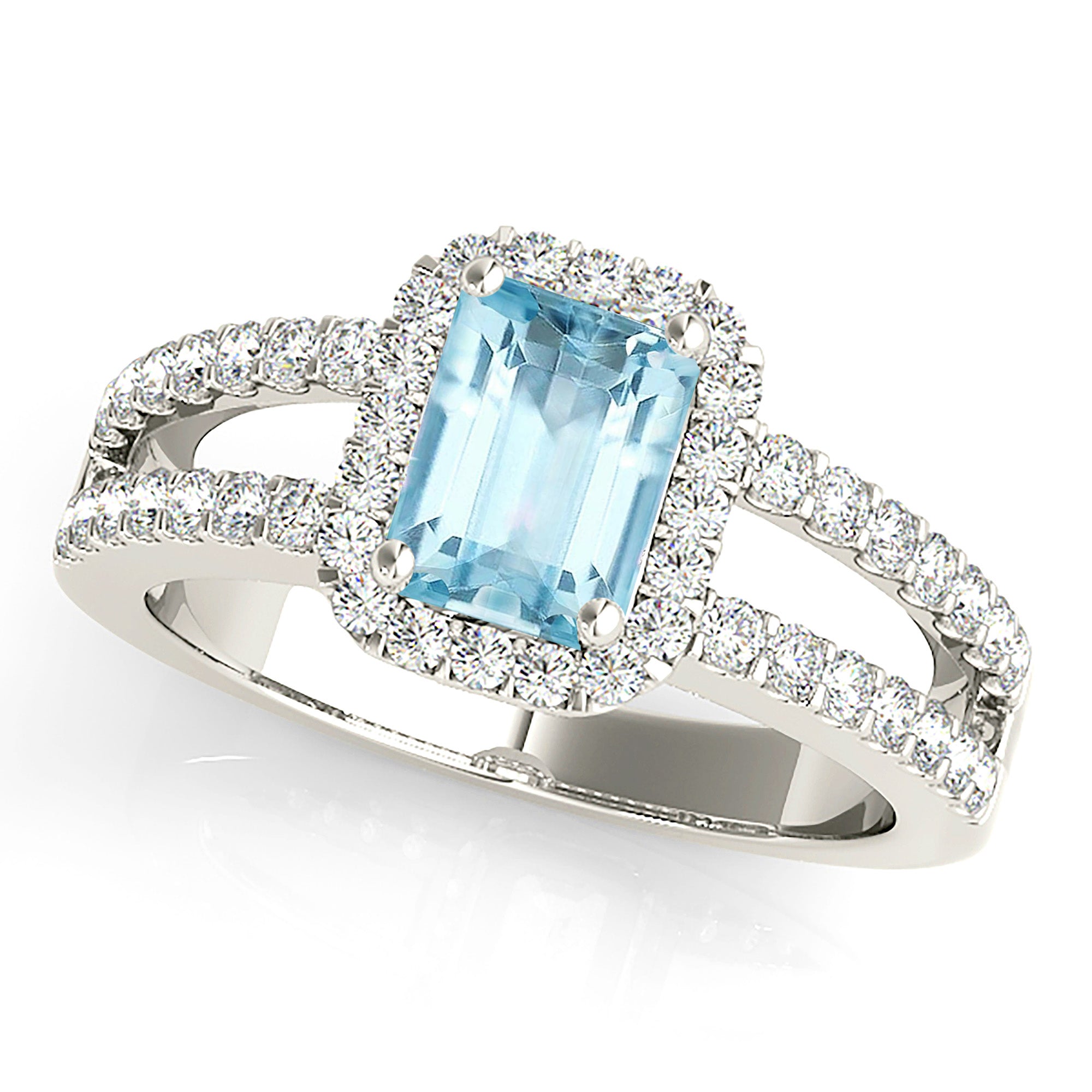 1.00 Carat Genuine Emerald Cut Aquamarine Ring with Diamond Halo - Elegant Wedding, Engagement & Anniversary Jewelry Gift for Women