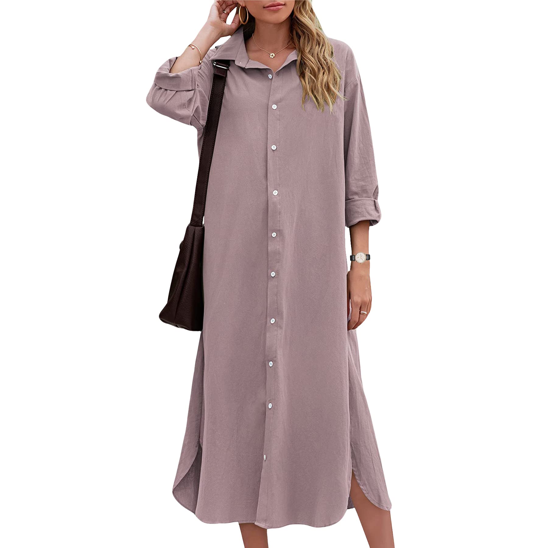 WERLIKE Women's Cotton Linen Lapel Shirt Dress - Long Sleeve Button Down T-Shirt Dress Casual Loose Fit for Work, Travel & Everyday Wear