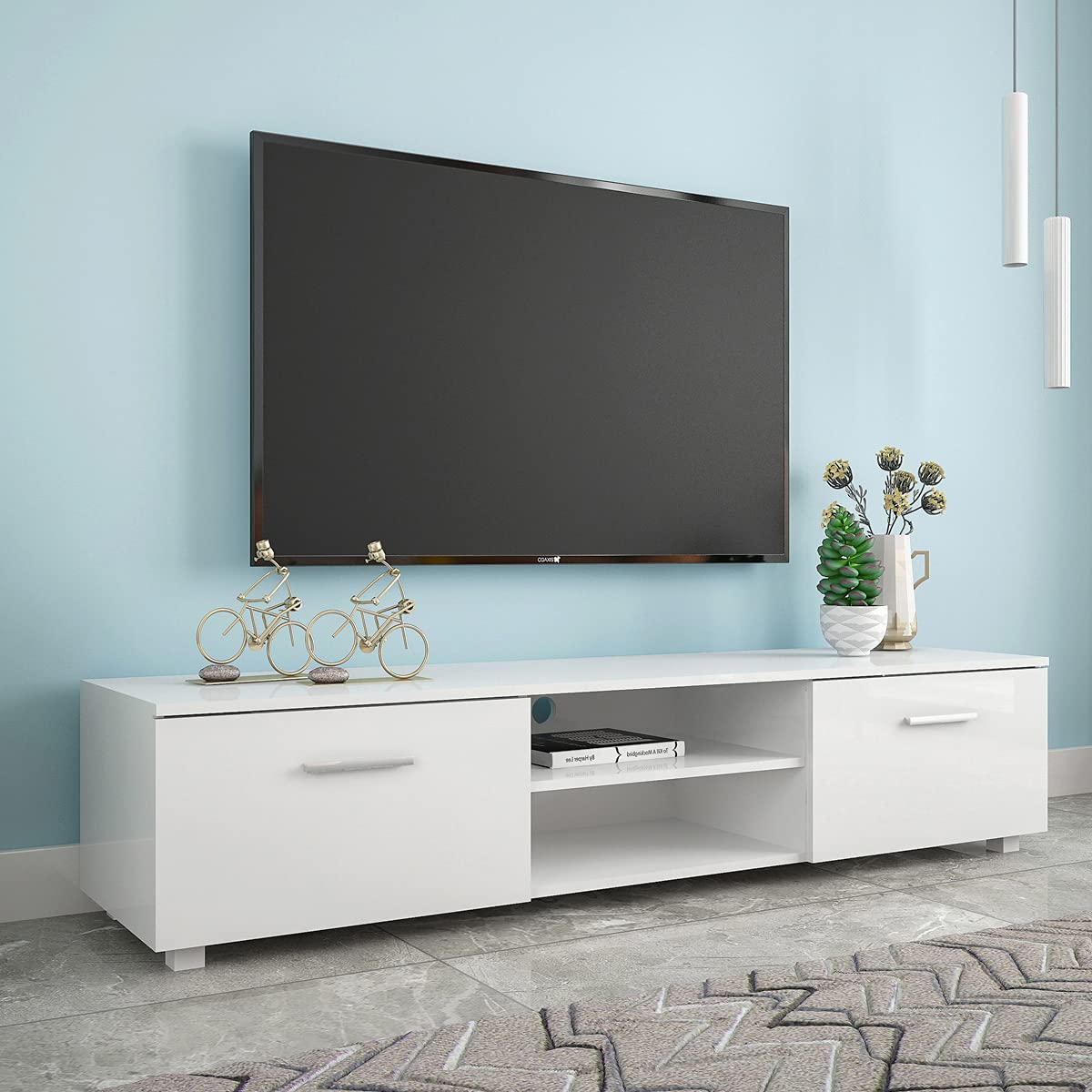 Modern White Wood TV Stand for 70 Inch TVs - Entertainment Center with 2 Drawers & Storage Cabinet - Perfect for Living Room, Home Theater & Media Console Organization