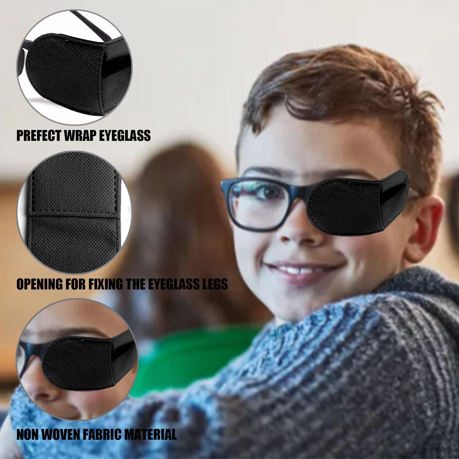 6 Pcs Medical Eye Patches for Glasses - Non-Woven Fabric Left/Right Eye Cover for Adults & Kids - Vision Therapy for Amblyopia & Lazy Eye (Black, Large Size) - Perfect for Post-Surgery Recovery, Eye Exercises & Daily Vision Improvement