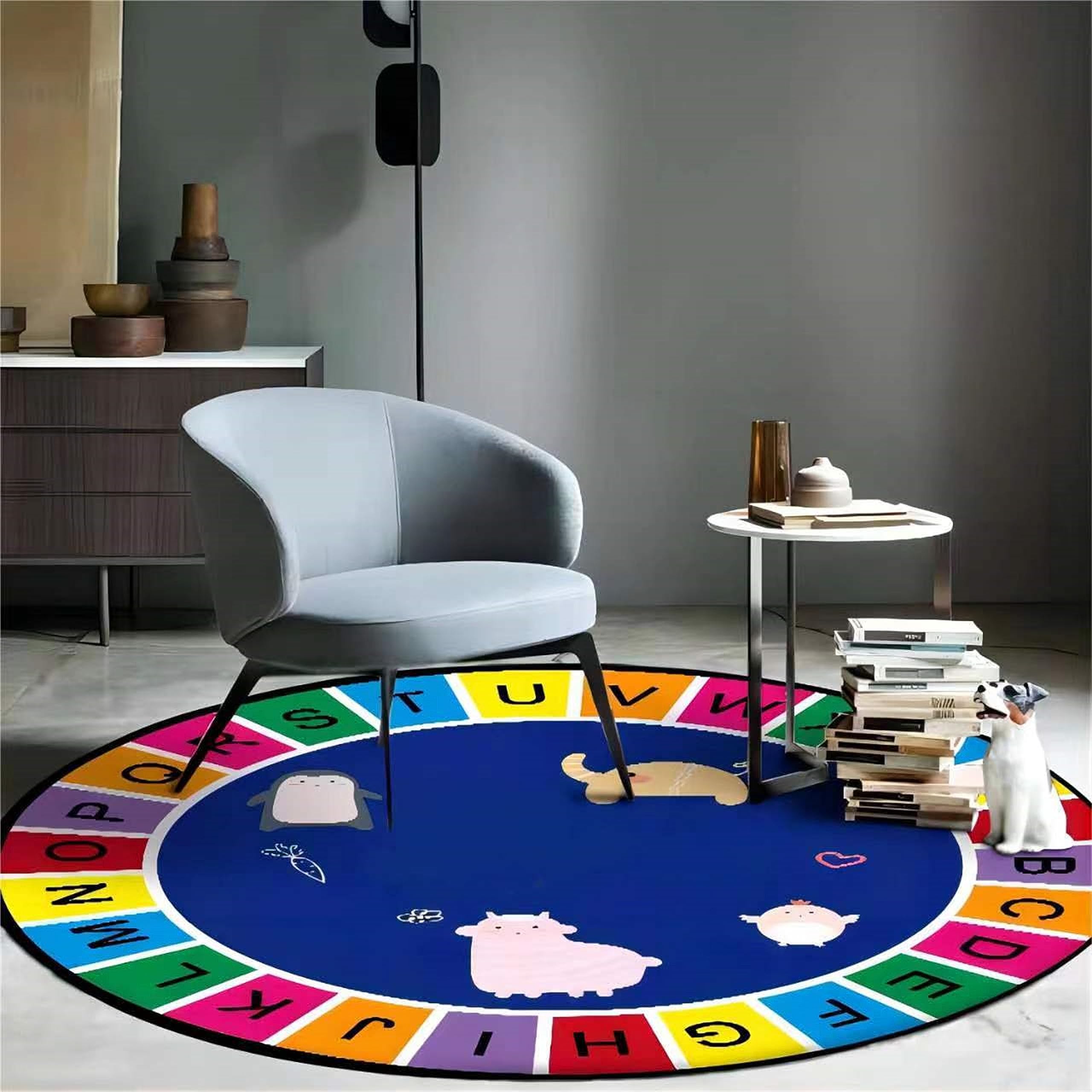 ABC Kids Round Area Rug 6ft - Soft Non-Slip Circle Alphabet Animal Play Mat with Elephant Penguin Sheep Chick Design for Nursery, Playroom, Living Room & Bedroom | Perfect for Crawling, Learning & Decorating Toddler Rooms