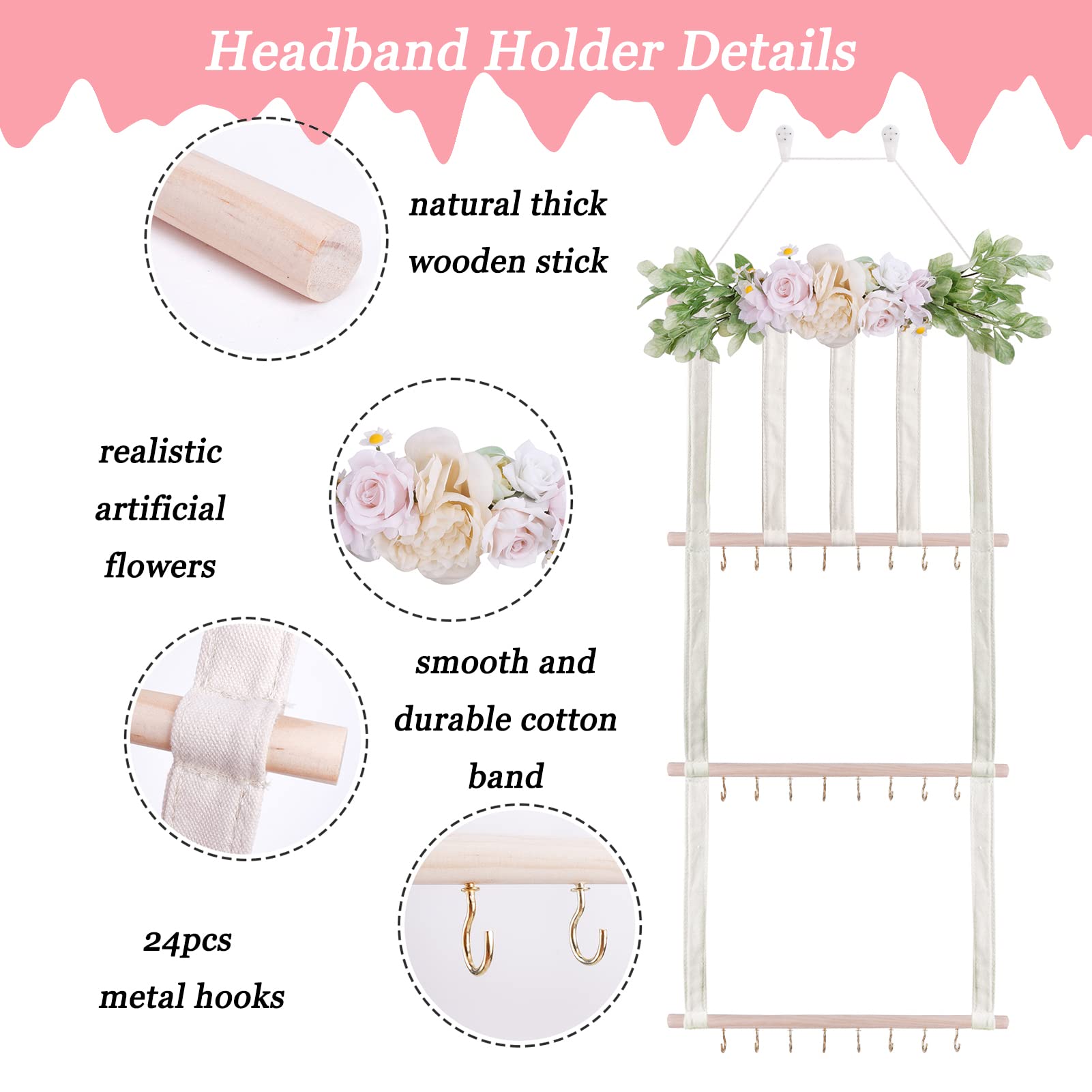 Flower Hair Bow Holder for Girls - Baby Headbands Organizer & Hair Accessories Storage - Wall Mounted Nursery Decor for Toddler Rooms (Perfect for Bedroom, Closet & Birthday Gift)