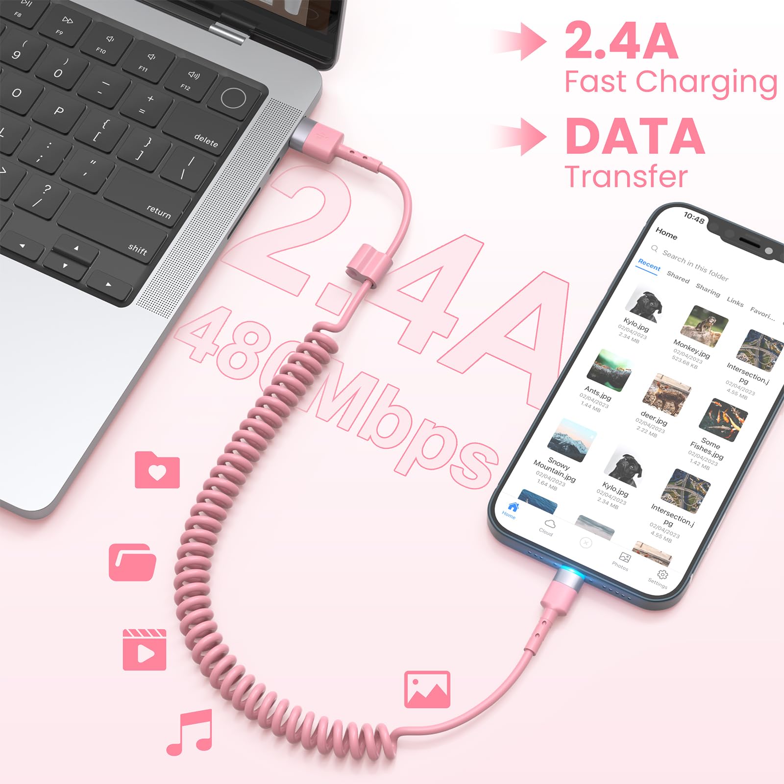 2-Pack Pink Coiled iPhone Charger 3FT - MFi Certified USB to Lightning Cable for Apple CarPlay, Cute Short Charging Cord - Perfect for Car, Home & Travel Accessories (Pink)