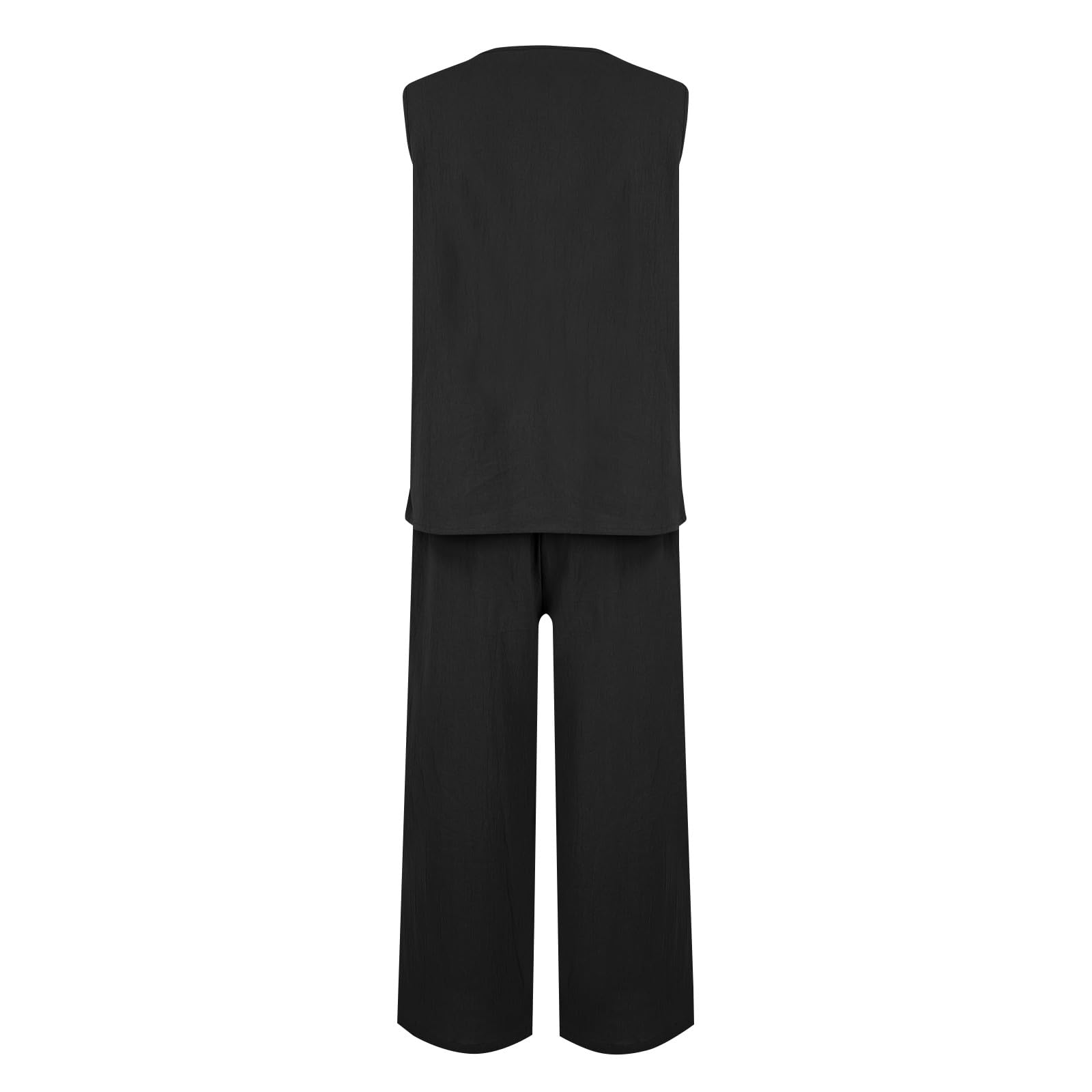 Women's Summer Linen Two Piece Set - Casual Lace V-Neck Short Sleeve Top & Long Pants Lounge Outfit | Perfect for Beach Vacations, Weekend Brunch & Relaxing at Home