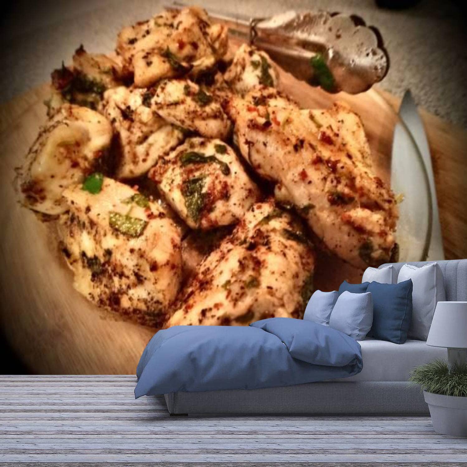 Modern 3D Peel and Stick Wallpaper - Lime & Herbed Grilled Chicken Design, Self-Adhesive Removable Wall Mural for Living Room & Bedroom Decor | Perfect for Home Renovation & Interior Design Projects