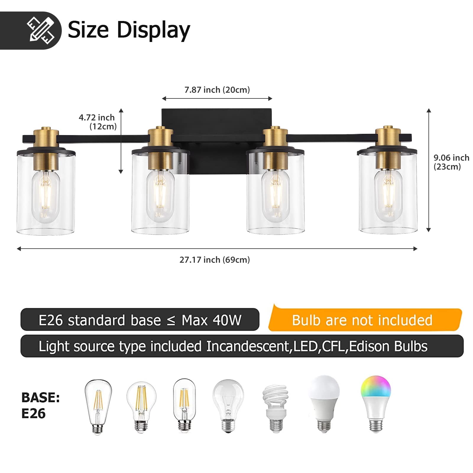 Stambord 4-Light Black and Gold Bathroom Vanity Light Fixture with Clear Glass Shade - Modern Wall Sconce Lighting for Bathroom, Bedroom, Hallway - Perfect for Vanity Mirror Lighting and Home Décor