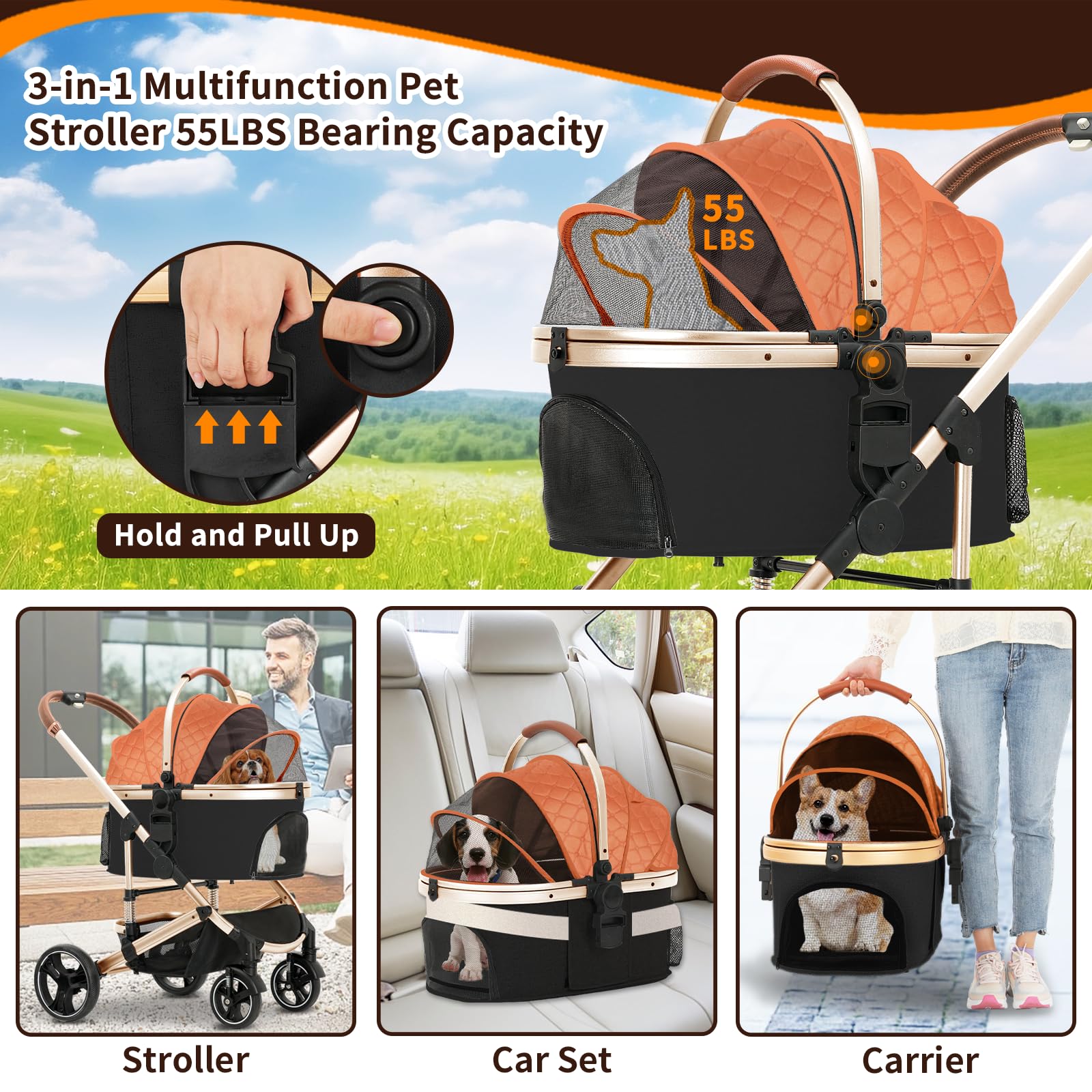 Premium 3-in-1 Folding Lightweight Pet Stroller with Detachable Carrier & Storage Basket - 4-Wheel Travel Stroller for Dogs, Puppies & Cats (Brown) | Perfect for Park Walks, Vet Visits & Shopping Trips