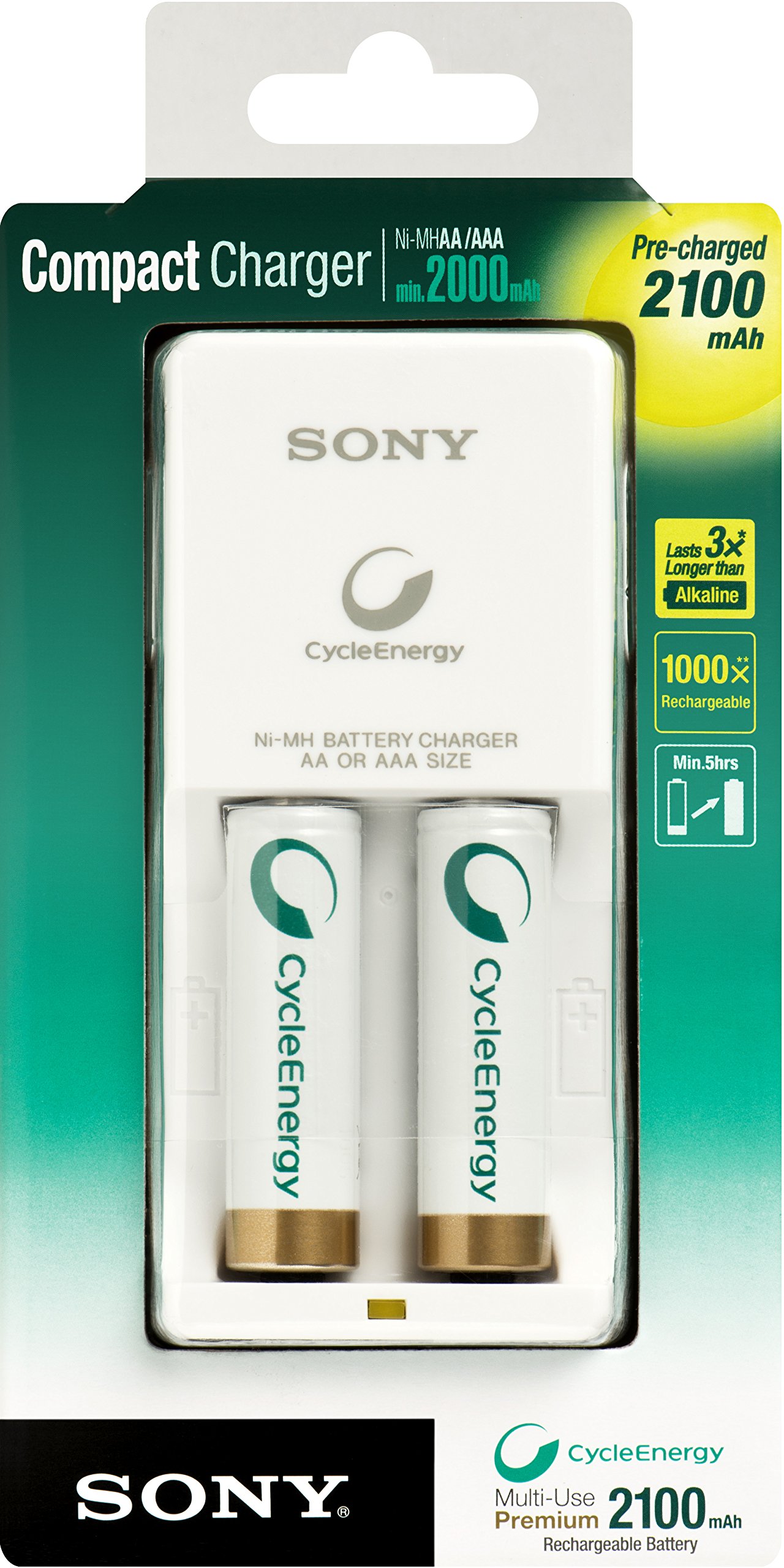 Sony BCG-34HTD2K Compact Battery Charger with 2 NiMH CycleEnergy AA Rechargeable Batteries - Perfect for Digital Cameras, Wireless Devices & Home Electronics