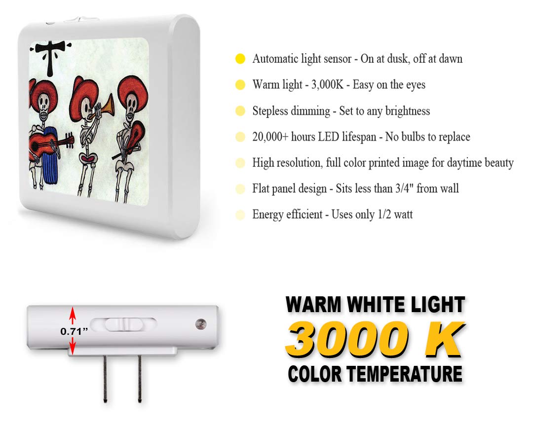 Dimmable LED Night Light with Auto On/Off Sensor - Adjustable Brightness & Warm White Light for Bathroom, Hallway, Nursery & Bedroom - Perfect for Safety, Decor & Energy Savings (Day of The Dead Design)