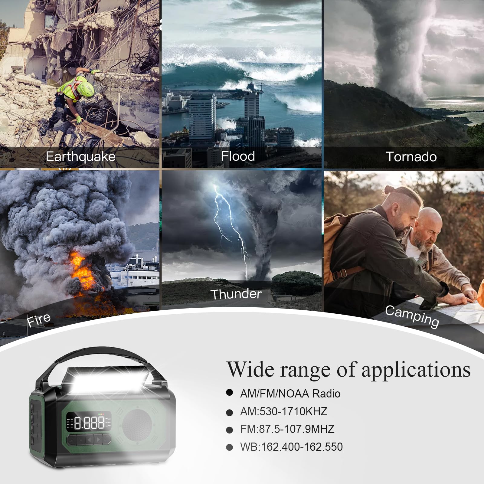 12000mAh Solar Powered Emergency Weather Radio with NOAA Alerts - AM/FM/NOAA Weather Radio, 2 Solar Panels, USB Charging Port, SOS Alarm, Flashlight, Phone Charger, Compass & Reading Lamp - Perfect for Camping, Hiking and Emergency Preparedness