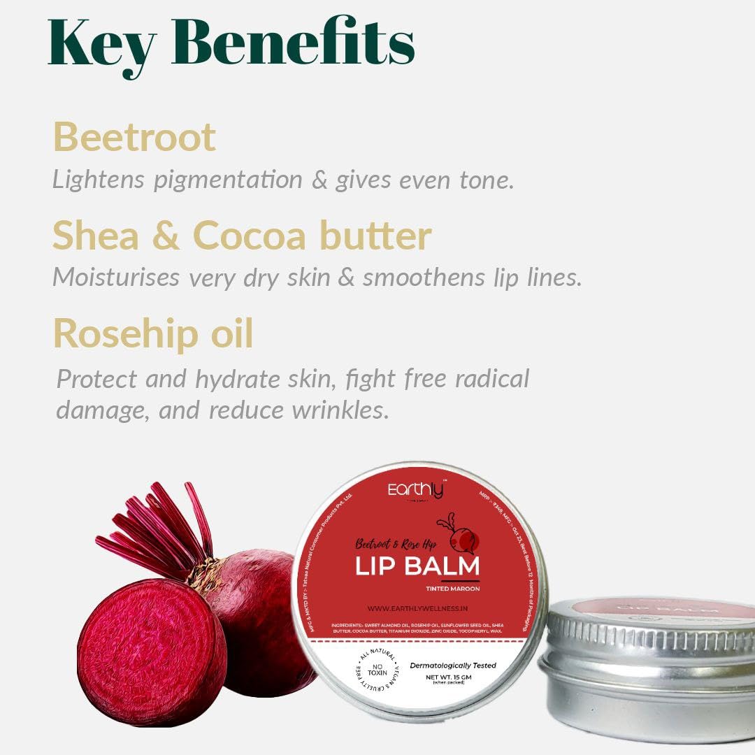 Earthly Beetroot Lip Balm with Rosehip & Almond Oil – SPF 30 Moisturizing Treatment for Soft, Naturally Pink Lips | Fades Dark Pigmentation | Maroon Tint Lip Care | Vegan & Cruelty-Free | Perfect for Daily Use, Outdoor Activities & Makeup Prep – 15g