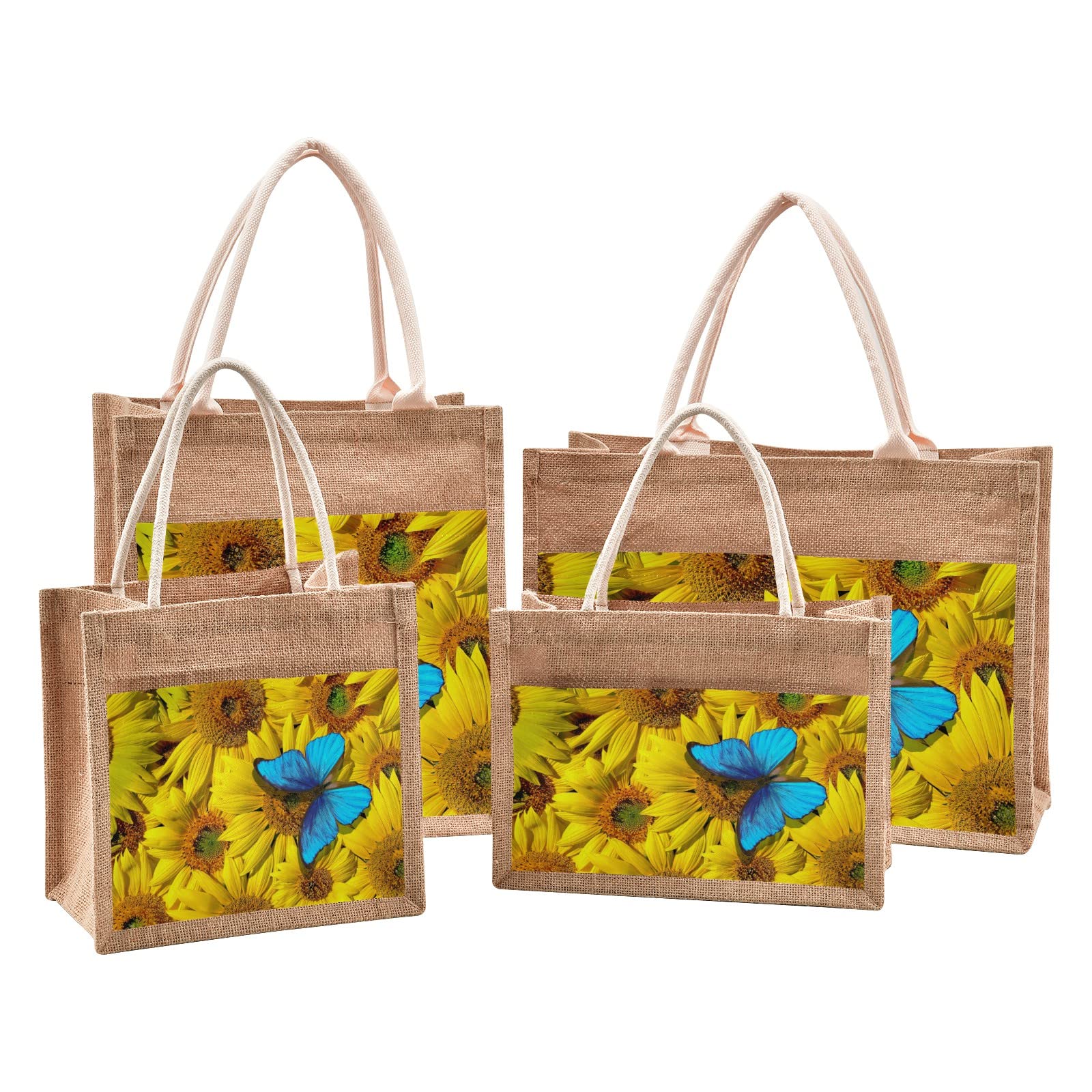 Eco-Friendly Blue Sunflower Butterfly Jute Tote Bag with Zipper & Handles - Reusable Grocery Shopping Bag with Front Canvas Pocket (10