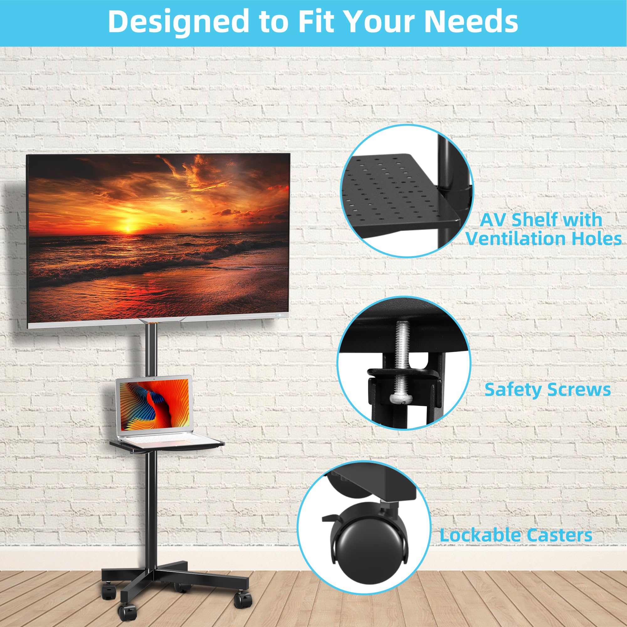 Height Adjustable Mobile TV Cart with Wheels for 21-60 Inch Flat/Curved Screens - Heavy Duty Floor Stand with Shelf (77lbs Capacity) - Max VESA 400x400mm - Perfect for Hospitals, Schools & Home Entertainment
