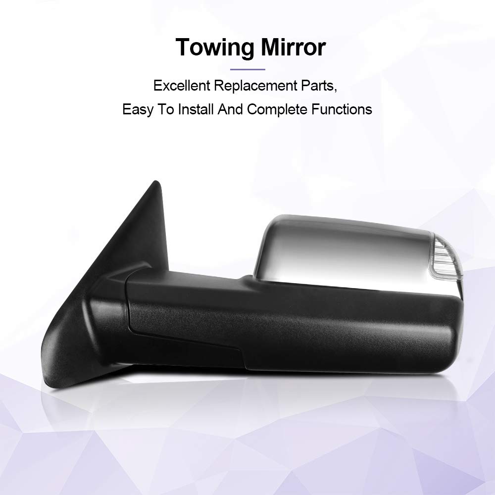 2010-2018 Dodge Ram 1500/2500/3500 Power Adjustable Heated Towing Mirrors with LED Turn Signal & Puddle Light - Chrome Side View Mirrors for Enhanced Visibility and Safety While Towing or Parking