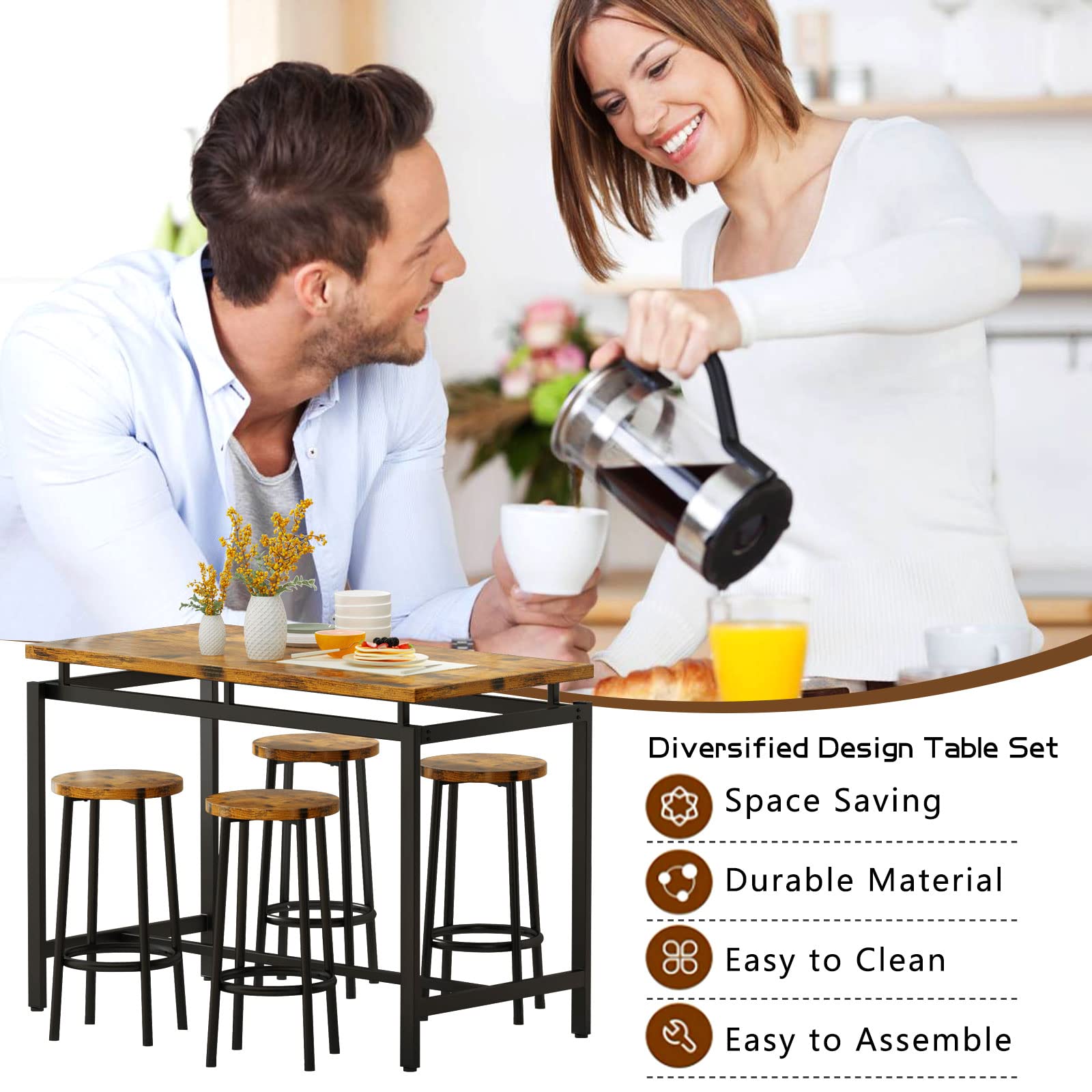 MIERES 5-Piece Wooden Dining Table Set for 4 - 47