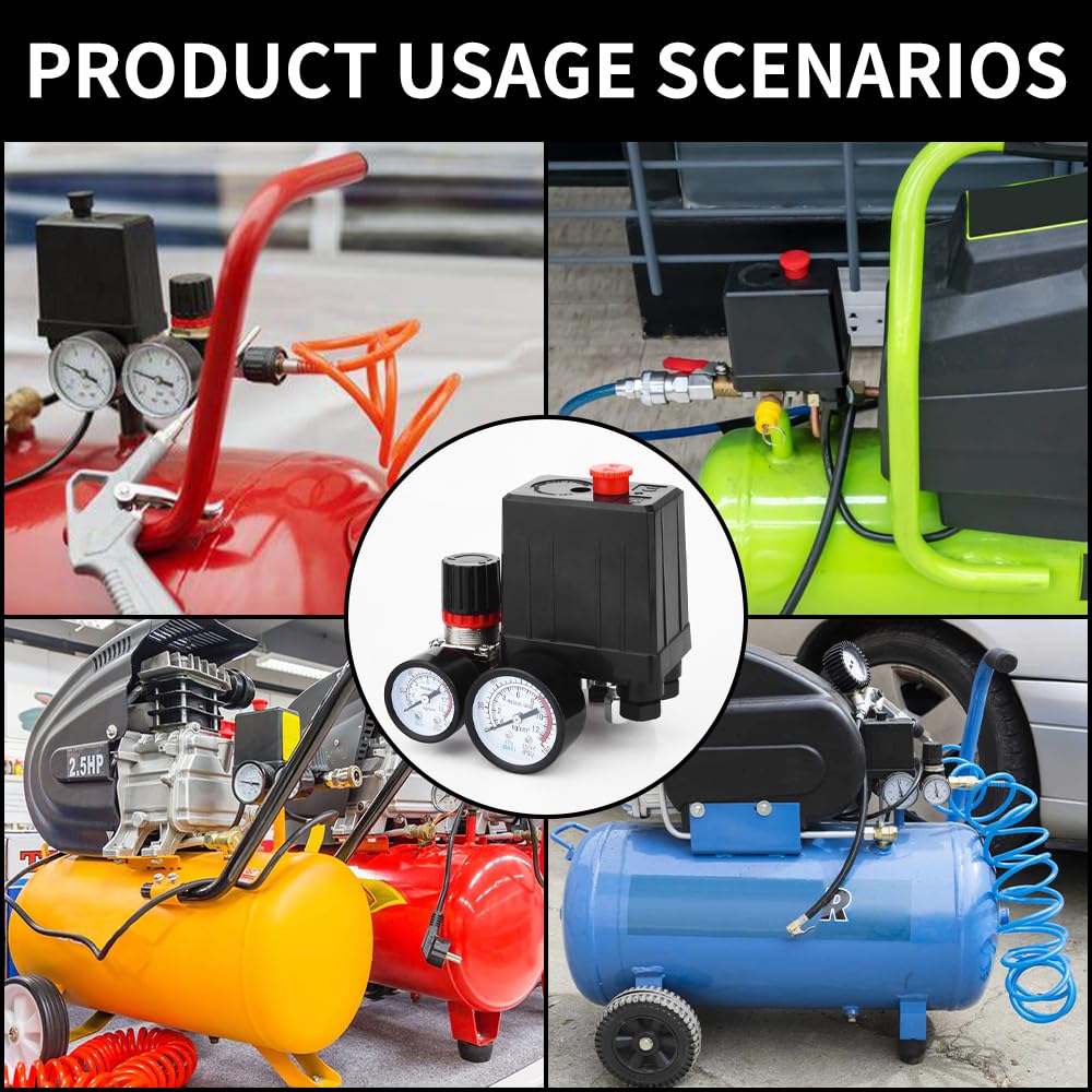 90-120PSI Air Compressor Pressure Switch with 0-180PSI Regulator | 4-Way Replacement Part for Air Compressors | 110V-240V Compatible | Ideal for Workshop, Garage & Industrial Use (LS-AR1)