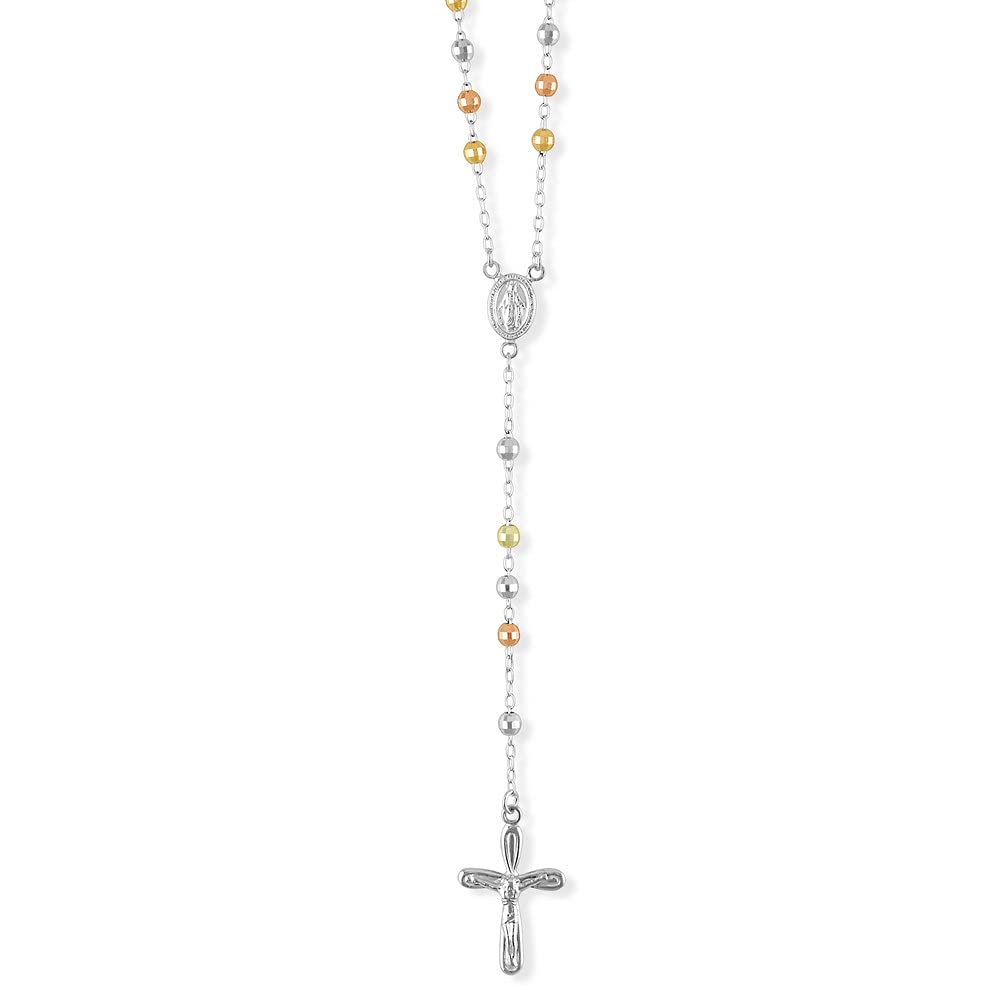 Tri-Color Sterling Silver Beaded Rosary Necklace 18 Inch - Elegant Religious Jewelry for Prayer, Meditation & Faith-Based Gifts