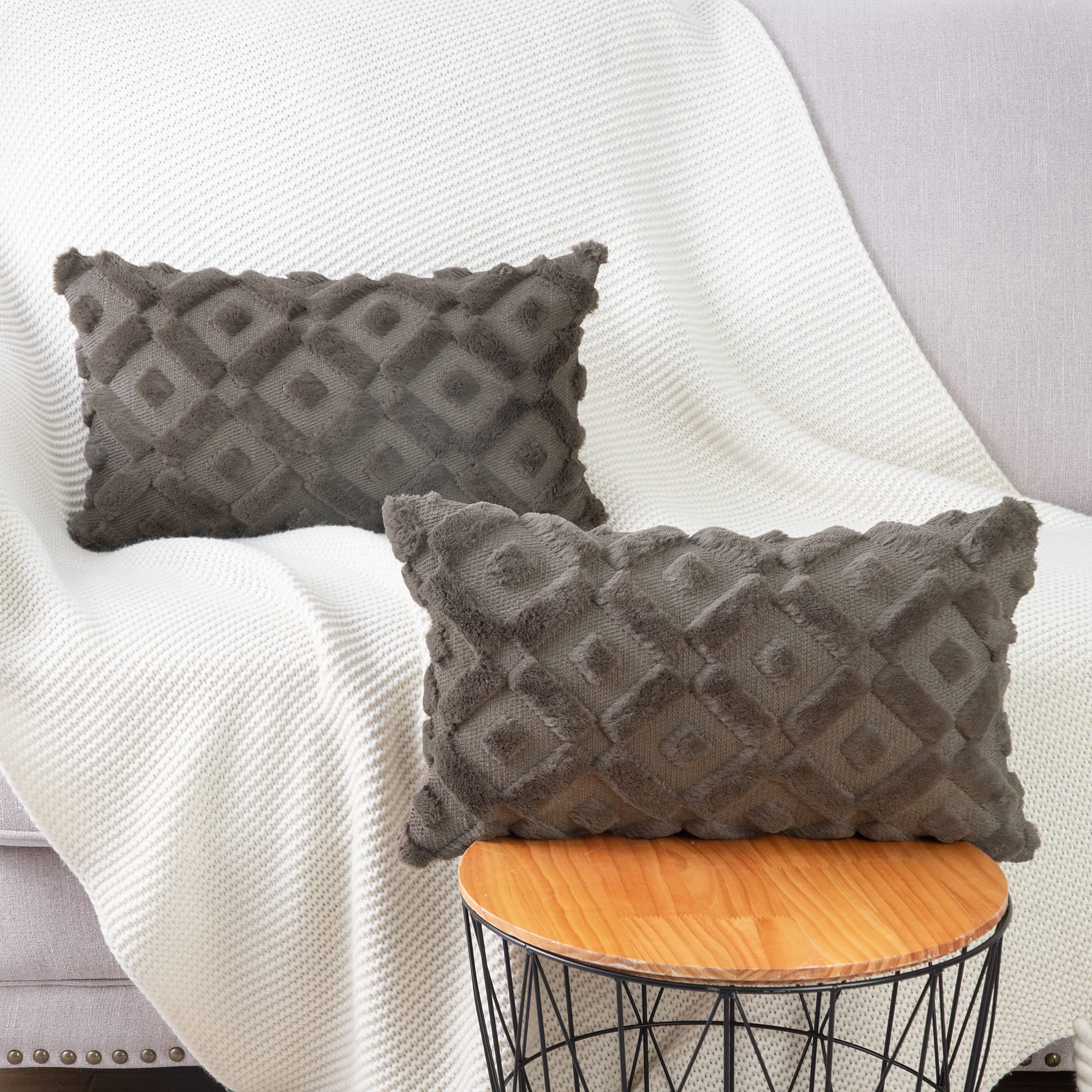 Premium Set of 2 Taupe Plush Wool Throw Pillow Covers 12x20 Inch - Soft Velvet Rectangular Cushion Covers for Sofa, Bed & Living Room Decor | Cozy Home Accessories for Winter Comfort