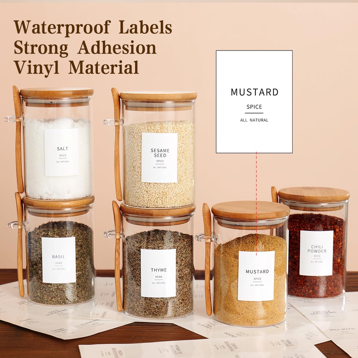 6-Piece Glass Jar Set with Bamboo Lid & Spoon - 17 oz Large Sugar & Spice Storage Containers - Includes 148 Preprinted Pantry Labels - Perfect for Coffee, Tea, Candy & Kitchen Organization
