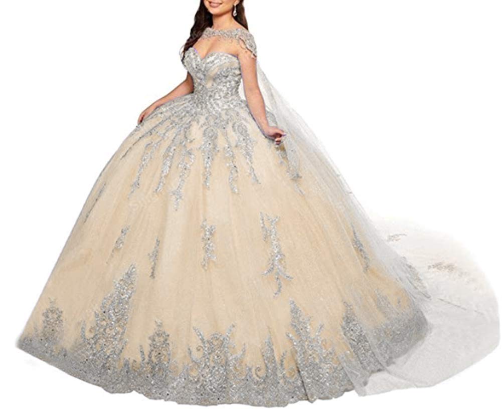Elegant Women's Ball Gown Quinceañera Dress - Tulle Crystal Beaded Princess Sweet 16 Dress in Champagne | Perfect for Quinceañeras, Sweet 16 Parties, Proms & Formal Events