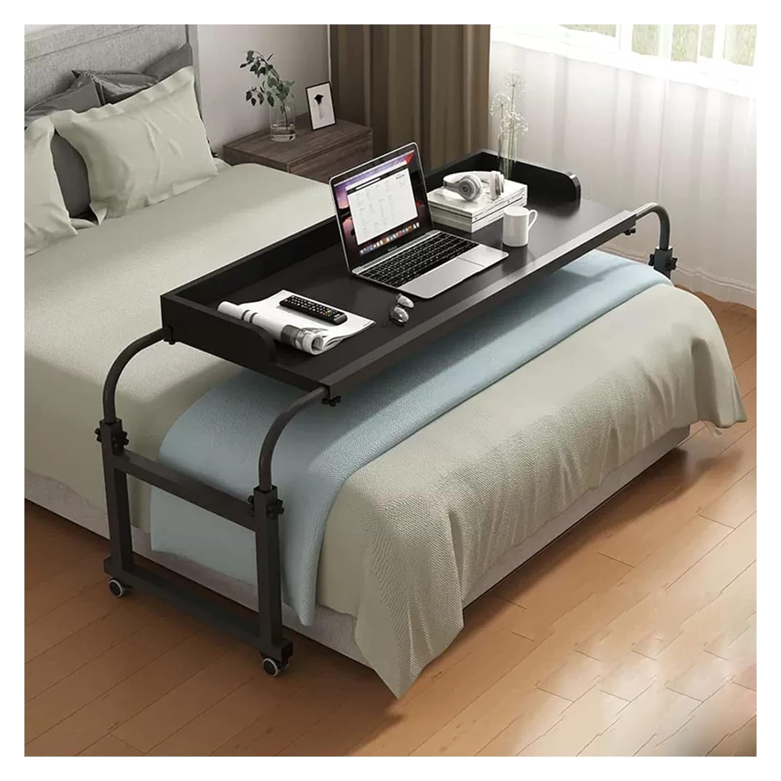 Adjustable Overbed Table with Wheels - Extendable Rolling Bedside Table, Height & Length Adjustable Laptop Desk for Home Office, Hospital & Dorm Use - Mobile Workstation (Black, 55.1