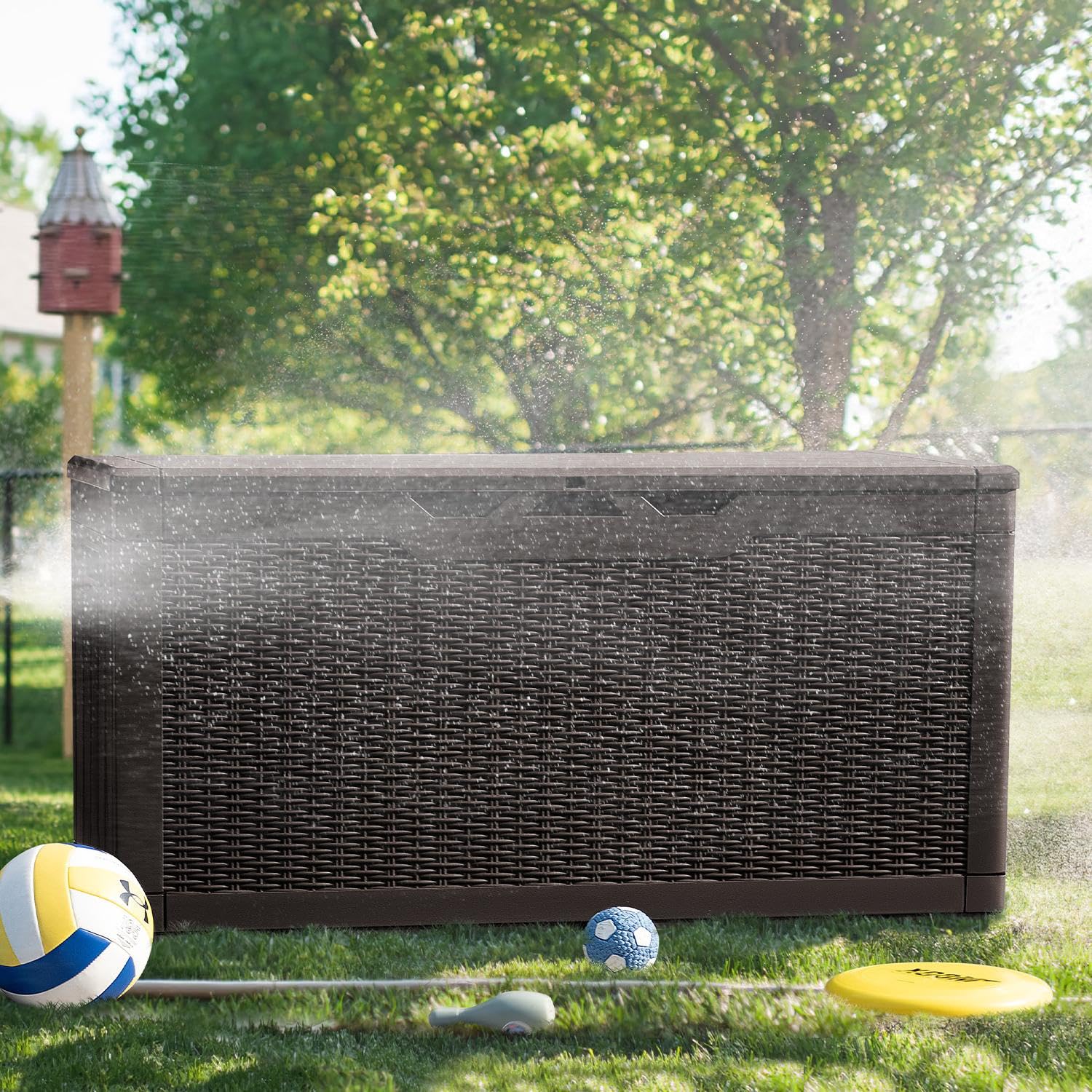 Greesum 100 Gallon Resin Deck Box - Large Lockable Outdoor Storage Container for Garden Tools, Patio Cushions, Pool Accessories (Dark Brown) | Weatherproof Deck Storage Solution for Backyard, Poolside & Patio Organization