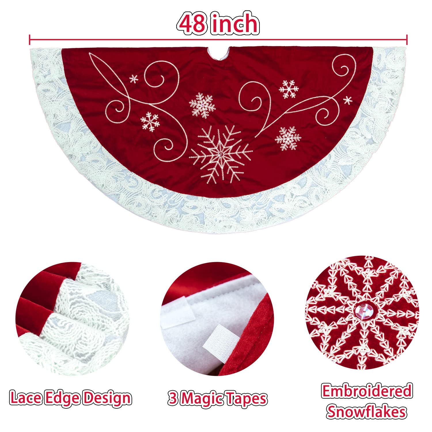 48 Inch Red Velvet Christmas Tree Skirt - Embroidered Snowflake Design with Elegant White Lace Trim | Perfect for Holiday Decor, Xmas Parties & Festive Home Styling